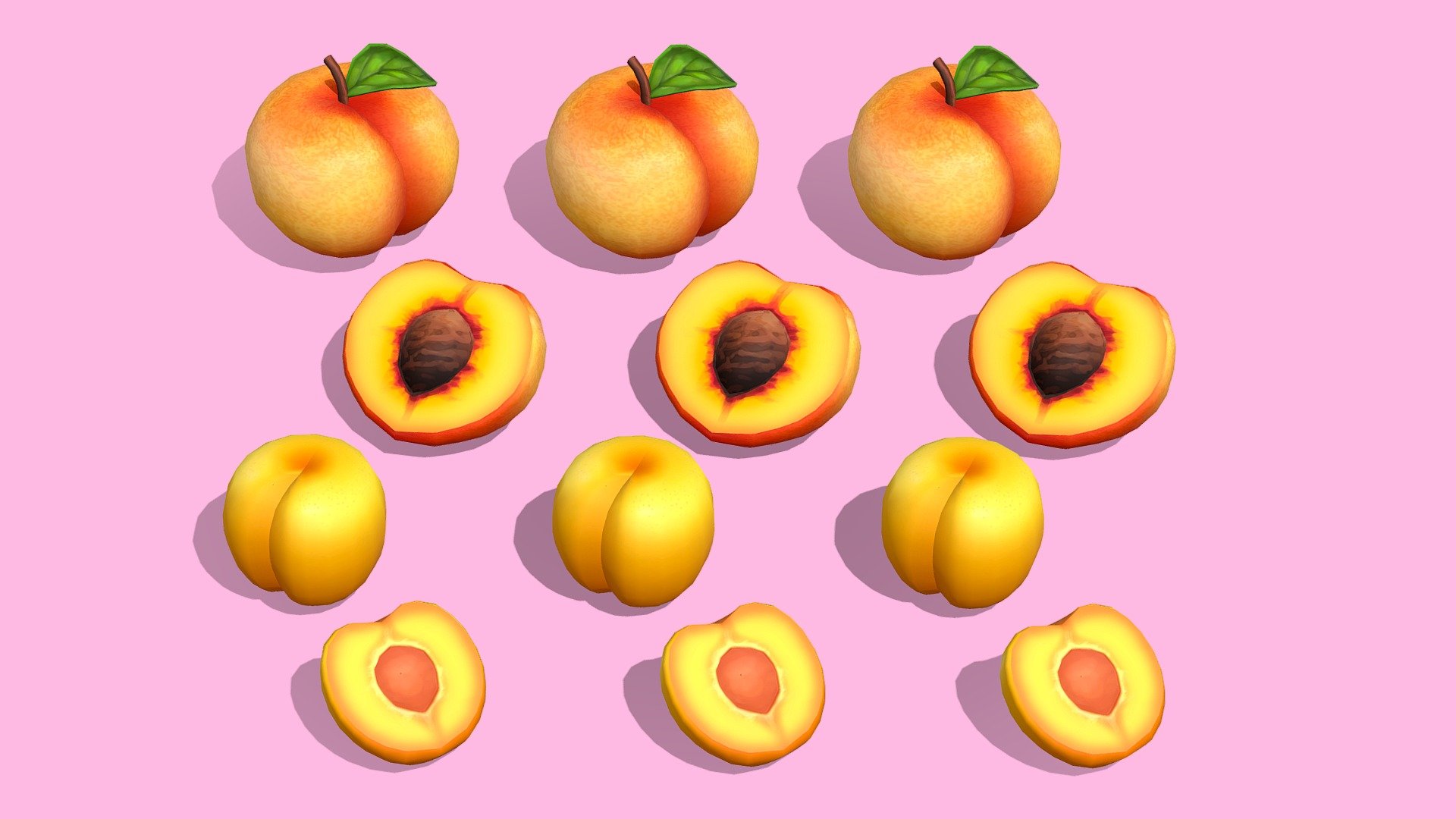 Sweet, delicious and iconic summer fruit!




Models include: whole peach and apricot with cut versions

1024x1024 diffuse texture

Low-poly models and handpainted textures
 - Peaches and Apricots - 3D model by Megan Alcock (@citystreetlight) 3d model