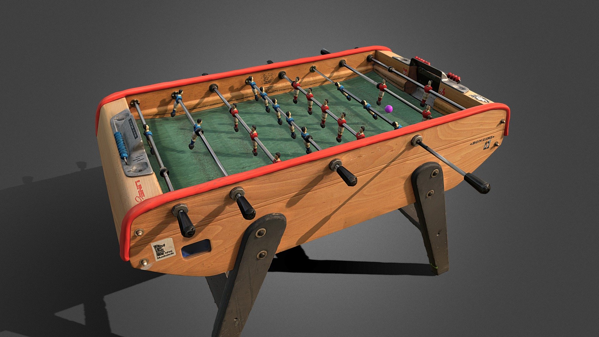Foosball is one of the best anti-stress therapies used in our studio. 
It lets us forget about that awful customer, a terrible scan or just kill time during long computation times. 
This particular table has seen and survived a lot, Bonzini have designed something truly amazing. 

Scanned using Photogrammetry from about 800 images and reconstructed in Reality Capture. Animated in 3dsMax.

 - Bonzini Foosball Table - Buy Royalty Free 3D model by Rigsters 3d model