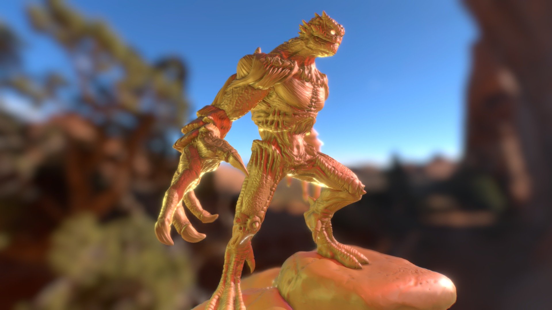 3D concept created back 2013 .

Fighter though reptile creature , agile and strong , with its arms create enough force to penetrare surfaces with the tips of its fingers , flexible legs to give fatal hits , cold blooded , its back opens to recieve direct light to its blood creating diferents chemical reactions in its body , overwhelming damage 3d model