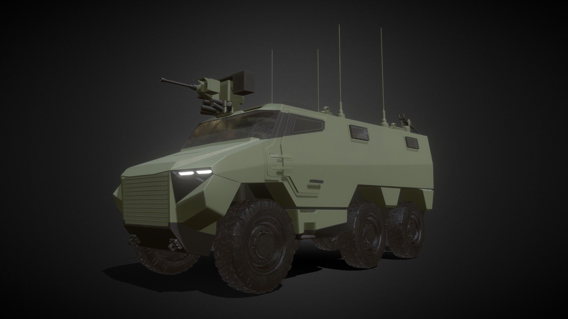 VBMR Griffon.

French military vehicle, green, Clean, high poly model. Textured with Substance painter.
Map : Opacity, roughness, Base Color, Emissive, Normal, Metalness - VBMR Griffon - Green Clean - High Poly - Buy Royalty Free 3D model by Tronatic 3d model