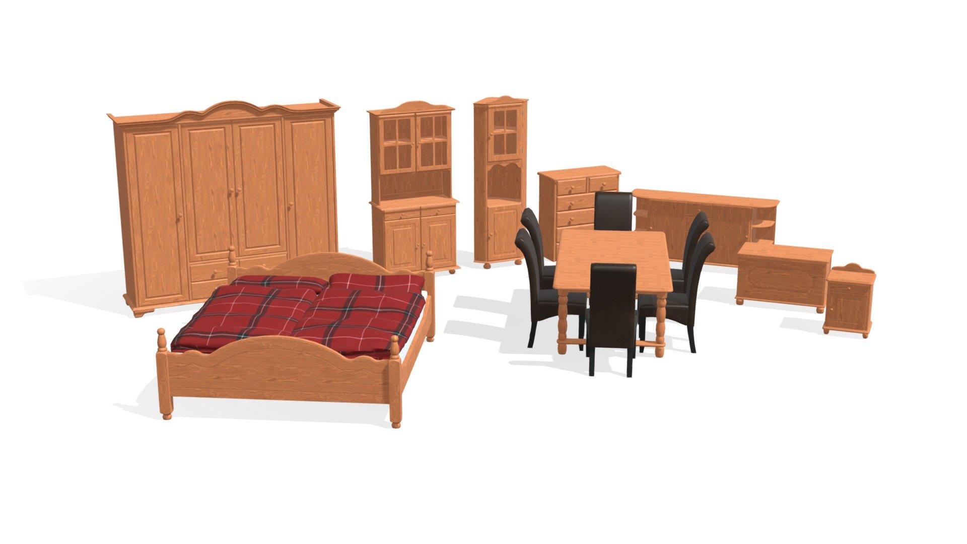 Wood Furniture Pack

This model pack includes ten pieces of furniture of the same style and made from the same wood. These dressers and cupboards can make your 3D living room a cozy place, give your hallways character, or add flair to your dining room.

Pack includes:


Bed
Chair
Chest/ bed chest
Clothes dresser
Corner cupboard
Cupboard
Decorative dresser
Dining table

All models in this pack are subdivision-ready! This means that the different meshes are made in such a way that allows you to subdivide (or &lsquo;smooth') the model without any glitches. This lets you easily increase the quality of the models.

Note: Some of the pieces of furniture in this pack are non-manifold objects. This means, that some faces that are obsolete aren't modeled. This means, that you will have to tweak your subdivision-surface/ smooth modifiers and set them to a &lsquo;keep corners' mode.

Contains assets from ambientCG, licensed under CC0 1.0 Universal 3d model