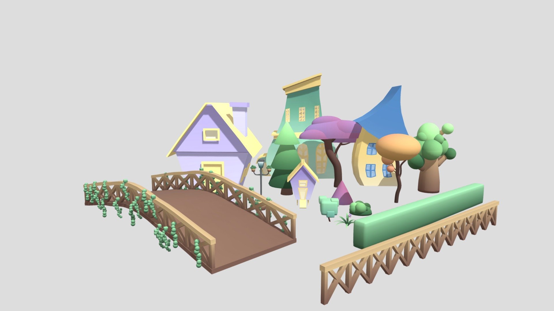 A small cartoon town, 3 houses, 4 trees, 4 plants, a bridge, a chicken house, 2 fences and a lightposte. There are extra textures for the houses and plants. Please share with me if you use this for something cool :-) - Townstuff - Download Free 3D model by BaraV 3d model