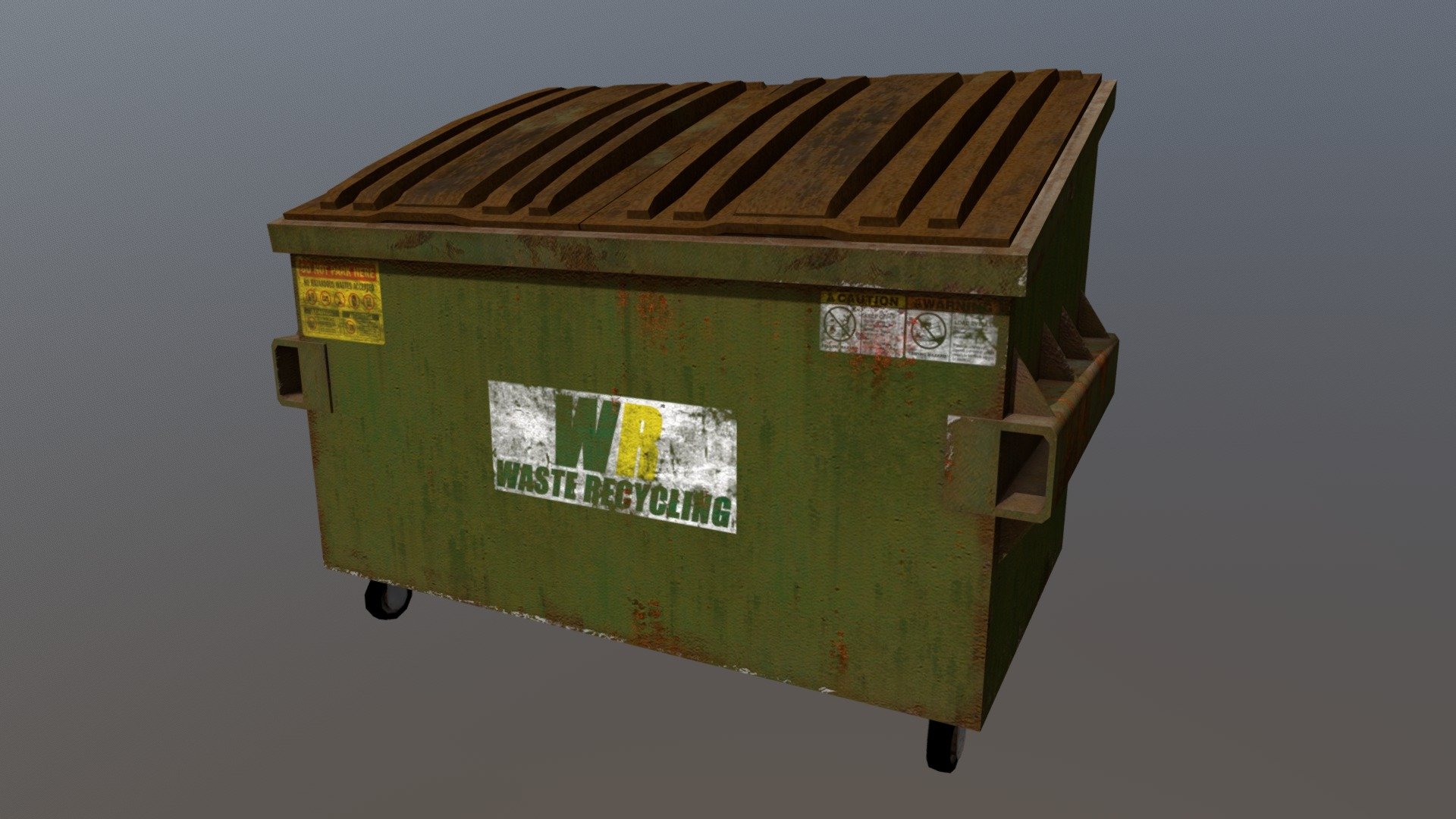 Here I have a dumpster and the overall idea for this is to have them look dingy and dirty, its been in use for years and is now just sitting, collecting dust 3d model