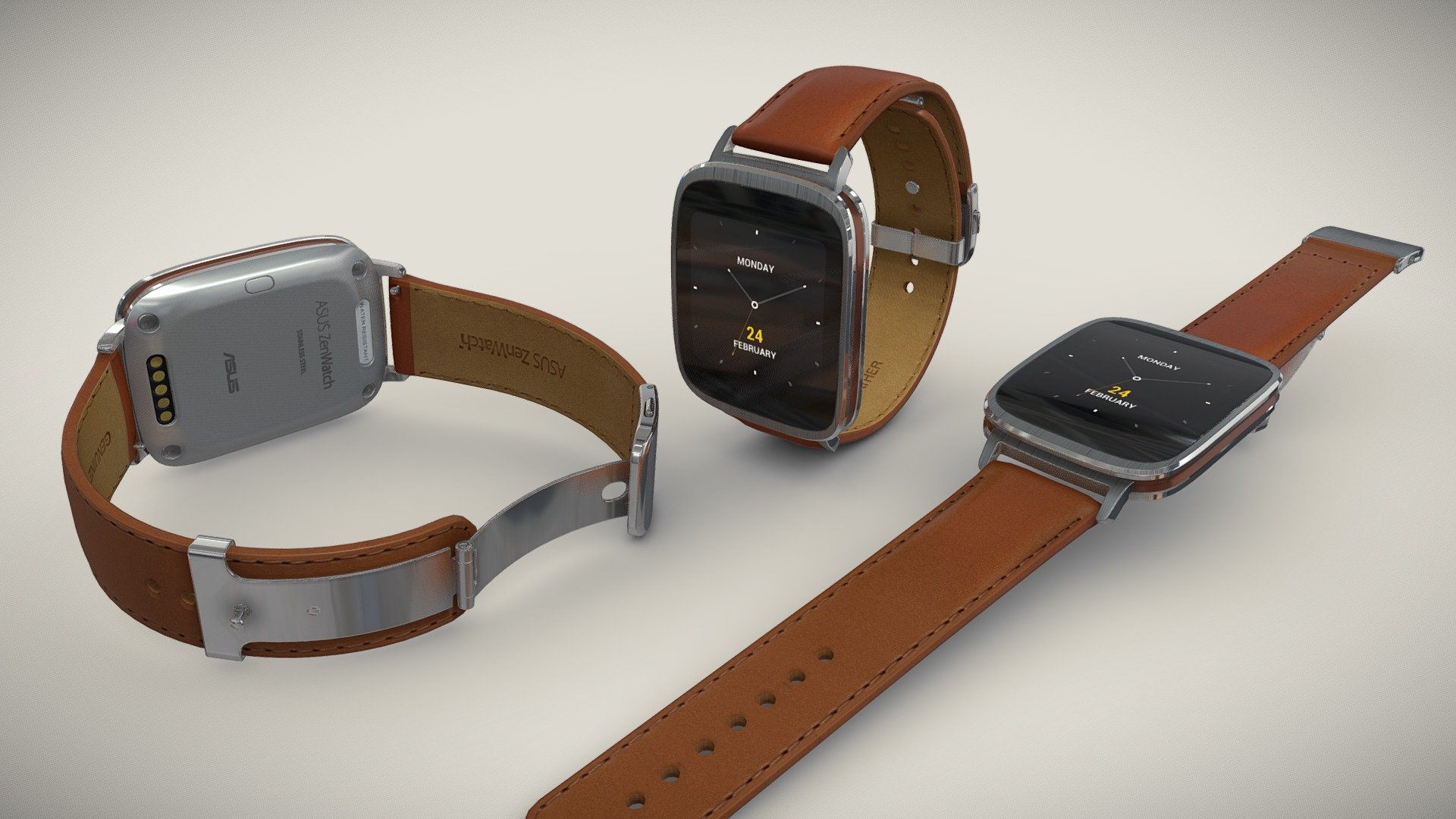 •   Let me present to you high-quality low-poly 3D model Asus ZenWatch WI500Q. Modeling was made with ortho-photos of real watch that is why all details of design are recreated most authentically.

•    This model consists of a few meshes, it is low-polygonal and it has only one material. 

•   The total of the main textures is 5. Resolution of all textures is 4096 pixels square aspect ratio in .png format. Also there is original texture file .PSD format in separate archive.

•   Polygon count of the model is – 6458.

•   The model has correct dimensions in real-world scale. All parts grouped and named correctly.

•   To use the model in other 3D programs there are scenes saved in formats .fbx, .obj, .DAE, .max (2010 version).

Note: If you see some artifacts on the textures, it means compression works in the Viewer. We recommend setting HD quality for textures. But anyway, original textures have no artifacts 3d model