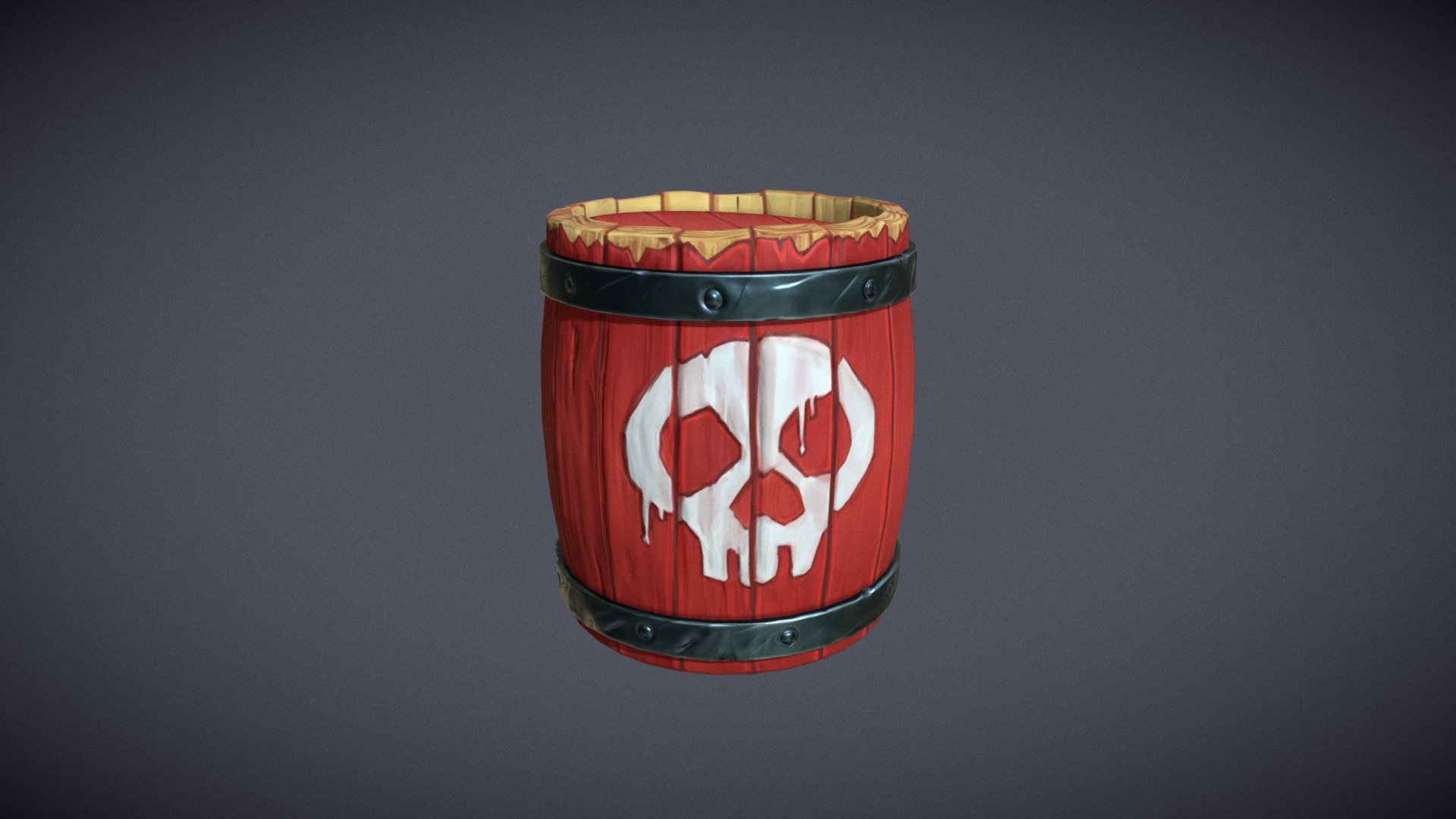 Stylized, hand painted 3d model of explosive barrel, inspired by Sea of Thieves. 
Made 100% in blender 3d model