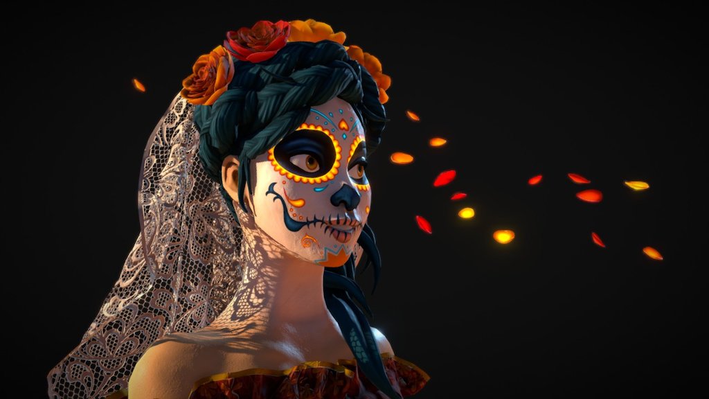 A Dià de los muertos inspired character.
I made her for training (and fun) with zbrush, maya and Substance Painter.

Find out more about this project here : https://www.artstation.com/artwork/wG2E5

Inspired by Maria Dimova's beautiful character 3d model