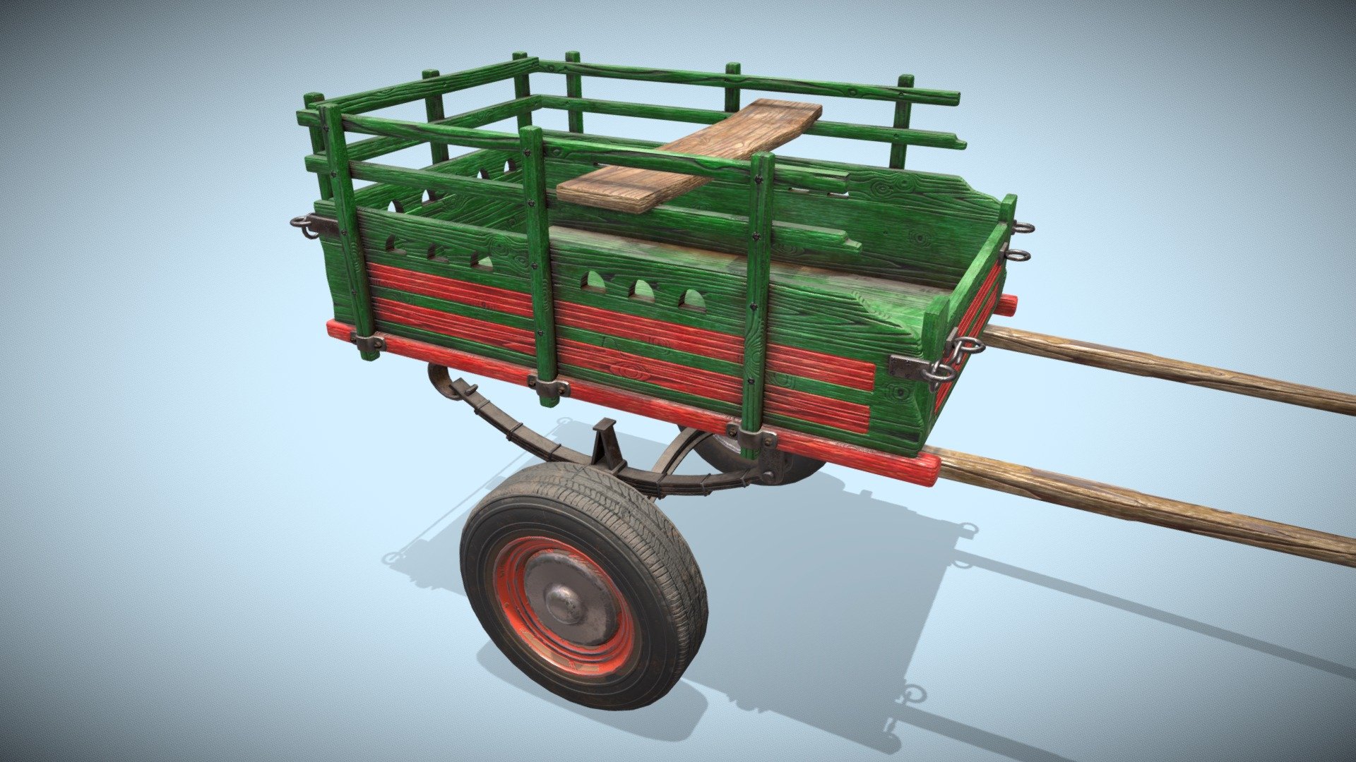 Antique donkey and horse cart with car tires. You can open and close the back and front doors and hooks. It has two textures, one for woods and one for metals. Textures are in PBR size 2048. In additional download more formats, FBX OBJ 3d model