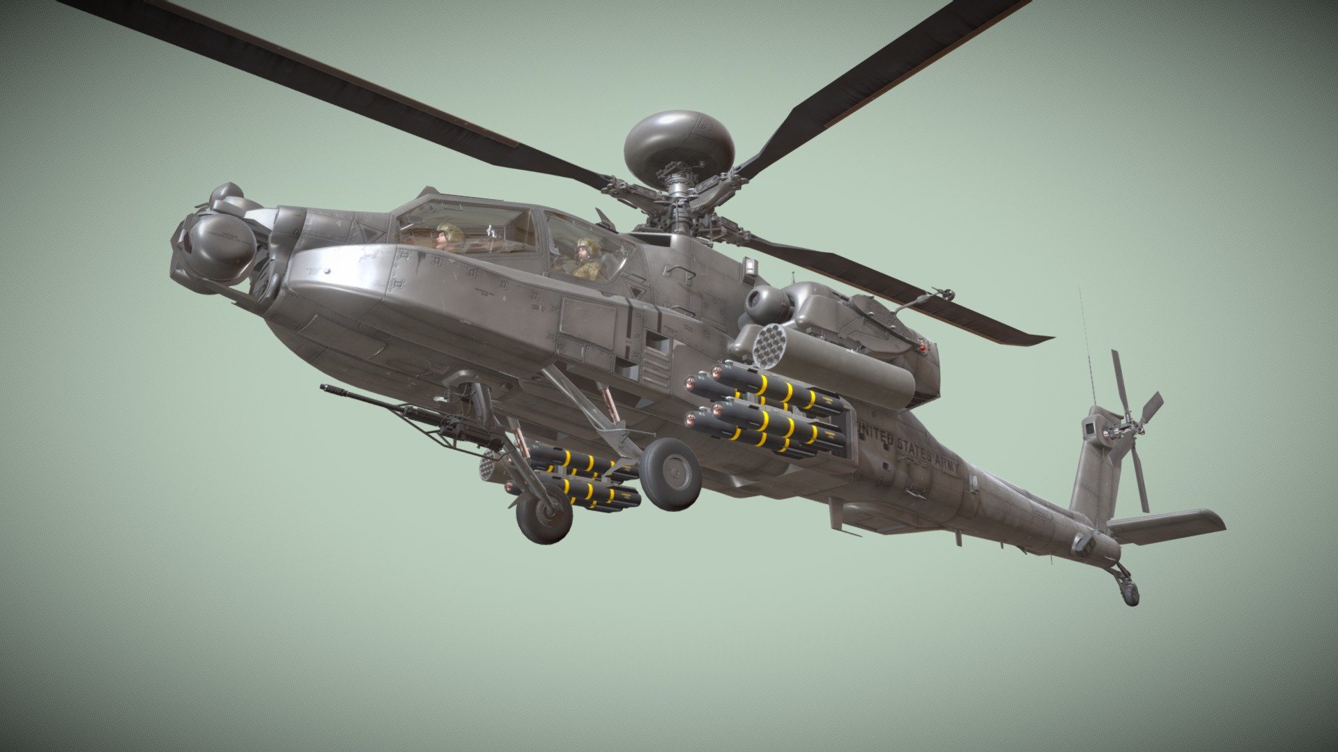 Helicopter Apache AH-64D U.S. Army  Basic Animation


Static and Complex Animation versions are available as seperate models (see my profile models)


File formats: 3ds Max 2021, FBX, Unity 2021.3.5f1


This model contains 6 Animations (See dropdown list below the time line)


Weapon:


* - External Fuel Tank 

* - Launcher M-260 with Hydra 70 missiles 

* - Launcher M-261 with Hydra 70 missiles 

* - Hellfire launcher and missiles 

* - M230 chain gun 


This model contains PNG textures(4096x4096):


-Base Color

-Metallness

-Roughness


-Diffuse

-Glossiness

-Specular


-Emission

-Normal

-Ambient Occlusion
 - Apache AH-64D U.S. Army Basic Animation - Buy Royalty Free 3D model by pukamakara 3d model