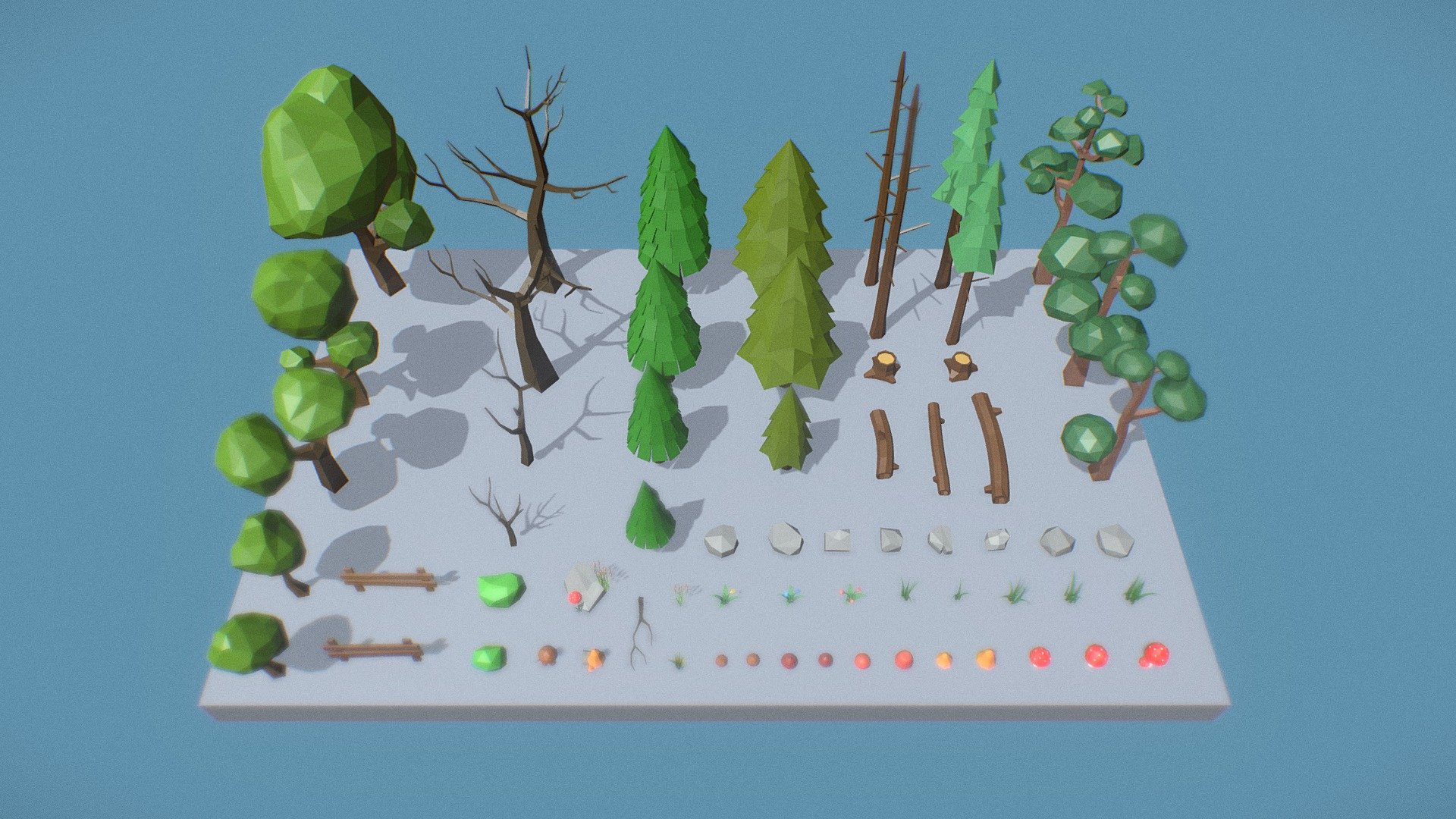 Low poly assets pack, ready for games. 
This low poly pack has everything you need to create cool nature scene.

Follow the link below to buy this pack:
http://bit.ly/35cJbYg

Models:
- 23 Trees; 
- 11 Mushroom;
- 10 Grass; 
- 8 Rocks;

- 13 Other Elements.

Additional formats: fbx, obj, blend, mb

Thanks :) - Low Poly Trees Grass and Rocks - 3D model by olehlila 3d model
