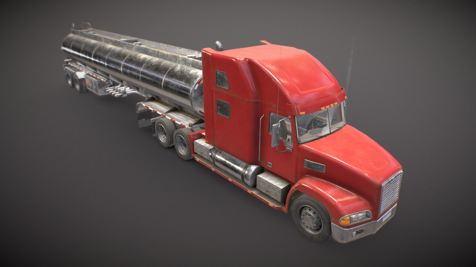 Game Ready Semi Truck with a Fuel Tank Trailer

Low Poly vehicle including 4 different colors for Tractor:




Real-world scale and centered

The unit of measurement used is centimeters

Cabin interior fully modeled and textured

All doors, wheels, feet and steering wheel can be easily rigged/animated

PBR textures made in Substance Painter

All branding and labels are custom made

Second uv channel included

Packed ORM textures included for Unreal

4 BaseColor textures included for tractor body (red, blue, green and orange)

Polys:




Truck: 18562 (36071 tris)

Trailer: 11834 (23081 tris)

TOTAL:  30396 (59152 tris)

Maps sizes: 




Body, Chassis, Interior, Trailer Body, Trailer Details: 4096x4096

Wheels: 2048x2048

Windows: 1024x1024

Provided Maps:




Albedo 

Normal

Roughness

Metalness

AO

Opacity included in Albedo

Emissive

Formats Incuded: MAX / BLEND / OBJ / FBX 

This model can be used for any game, film, personal project, etc. You may not resell or redistribute any content - Semi Truck Tanker - Low Poly - Buy Royalty Free 3D model by MSWoodvine 3d model