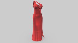 One Shoulder Cutout Female Dress red, one, fashion, girls, clothes, dress, realistic, real, womens, elegant, shoulder, cutout, wear, formal, evening, slit, pbr, low, poly, female, black