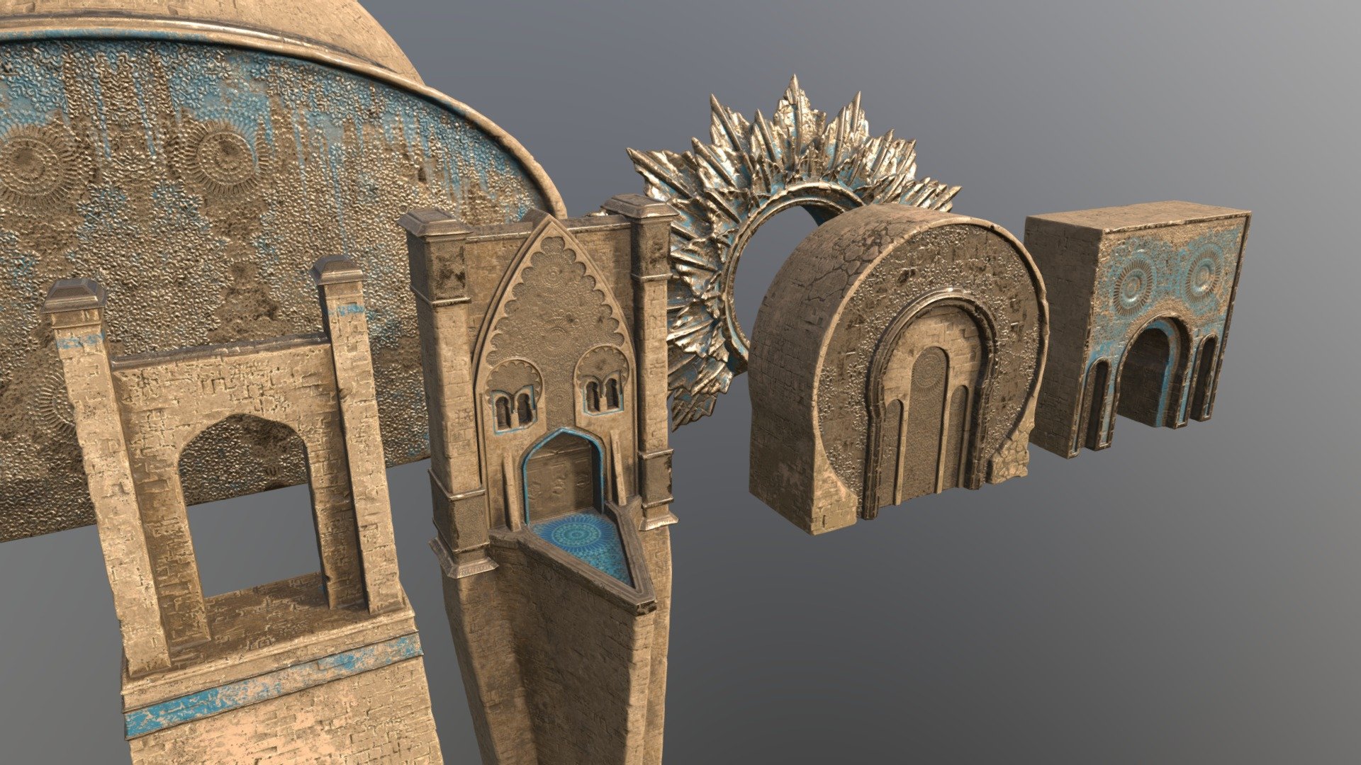 Modular assets created for a personal project: https://www.artstation.com/artwork/kQDQez

Assets were built while learning 3DCoat, so don’t expect super quality. They should be good enough for medium distances and concept 3D-bashing stuff.

Normal maps are OpenGL

These modules are part of a full kit. Please see: https://sketchfab.com/nkilstrup/collections/desert-fortress-ba90e96b86fa4c81b294f881d5e09563 - Desert Fortress Gates - Download Free 3D model by Nicolai Kilstrup (@nkilstrup) 3d model