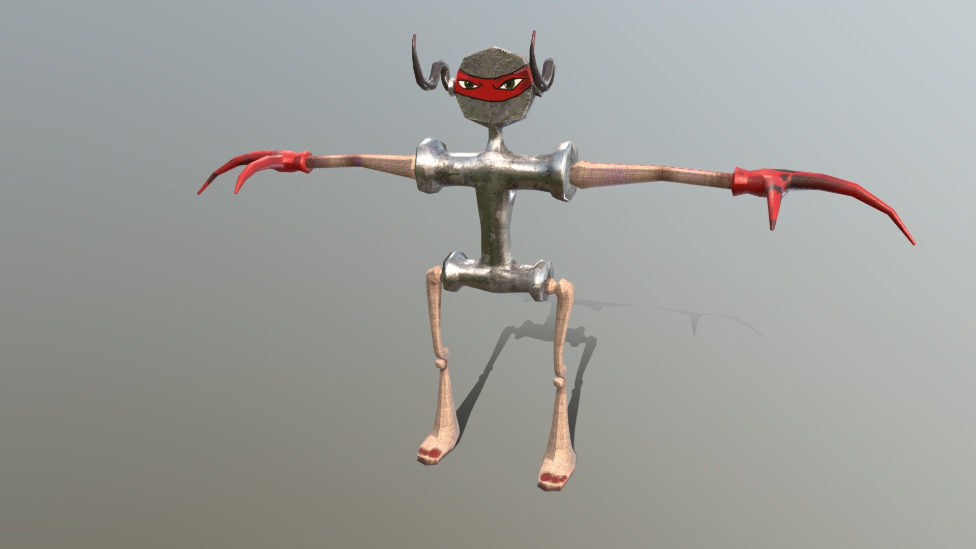 This a cartoon character. I used Autodesk Maya and Substance Painter to develop the model and texture maps. I created a ninja character. It has a silver head,  body, and light-colored fibrous limbs. Hands and feet are red, like the eye mask 3d model