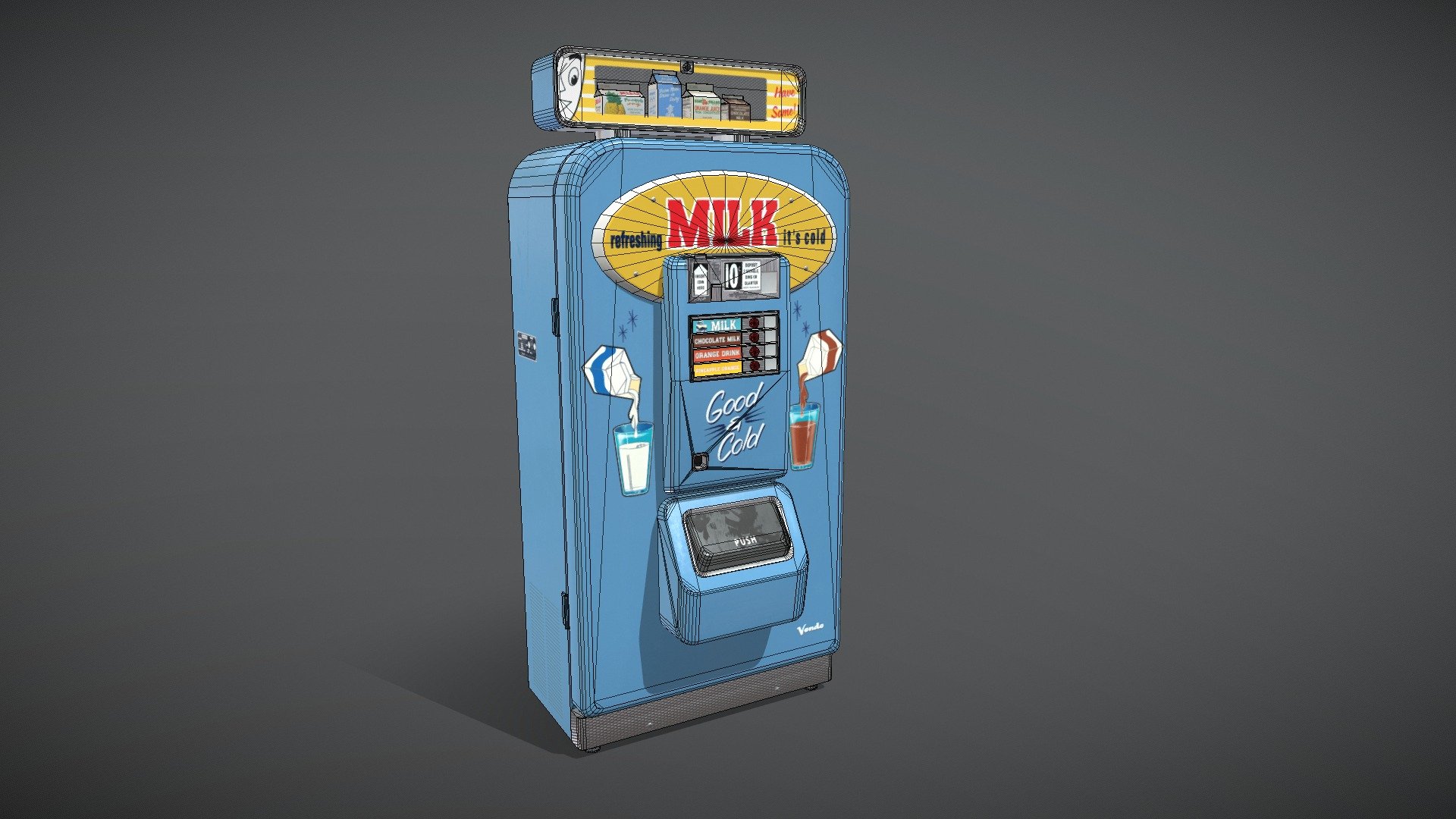 I love vintage stuff, so I decided to make this Vendo machine from the 50s. I tried to give it a clean but used aspect. 
Modeled in 3ds Max, textured in Substance Painter and rendered in Marmoset Toolbag 3. All decals were done in Photoshop 3d model