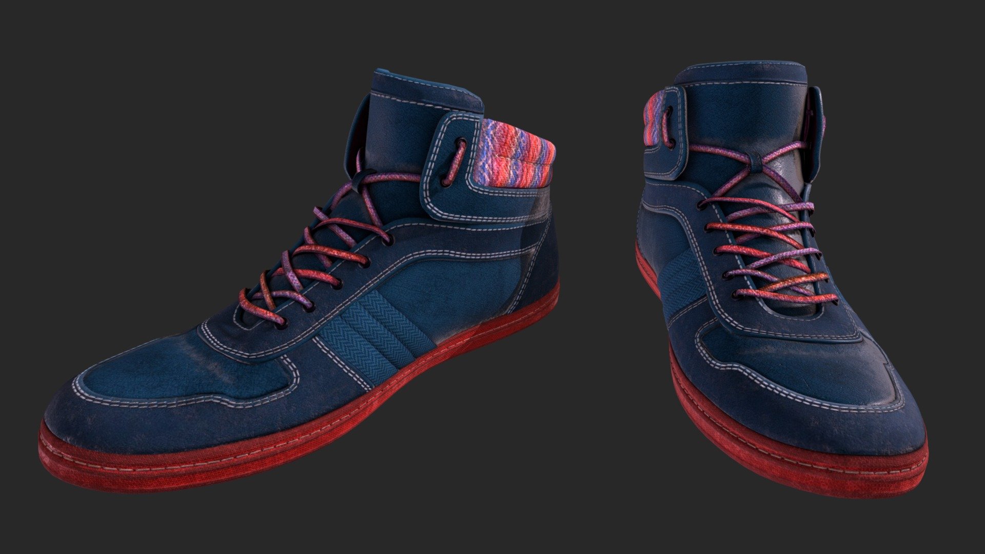 For the Sketchfab Texturing Challenge I decided to create the kind of shoes that I would wear.
I made two versions of them, the new version “New Blue Shoes