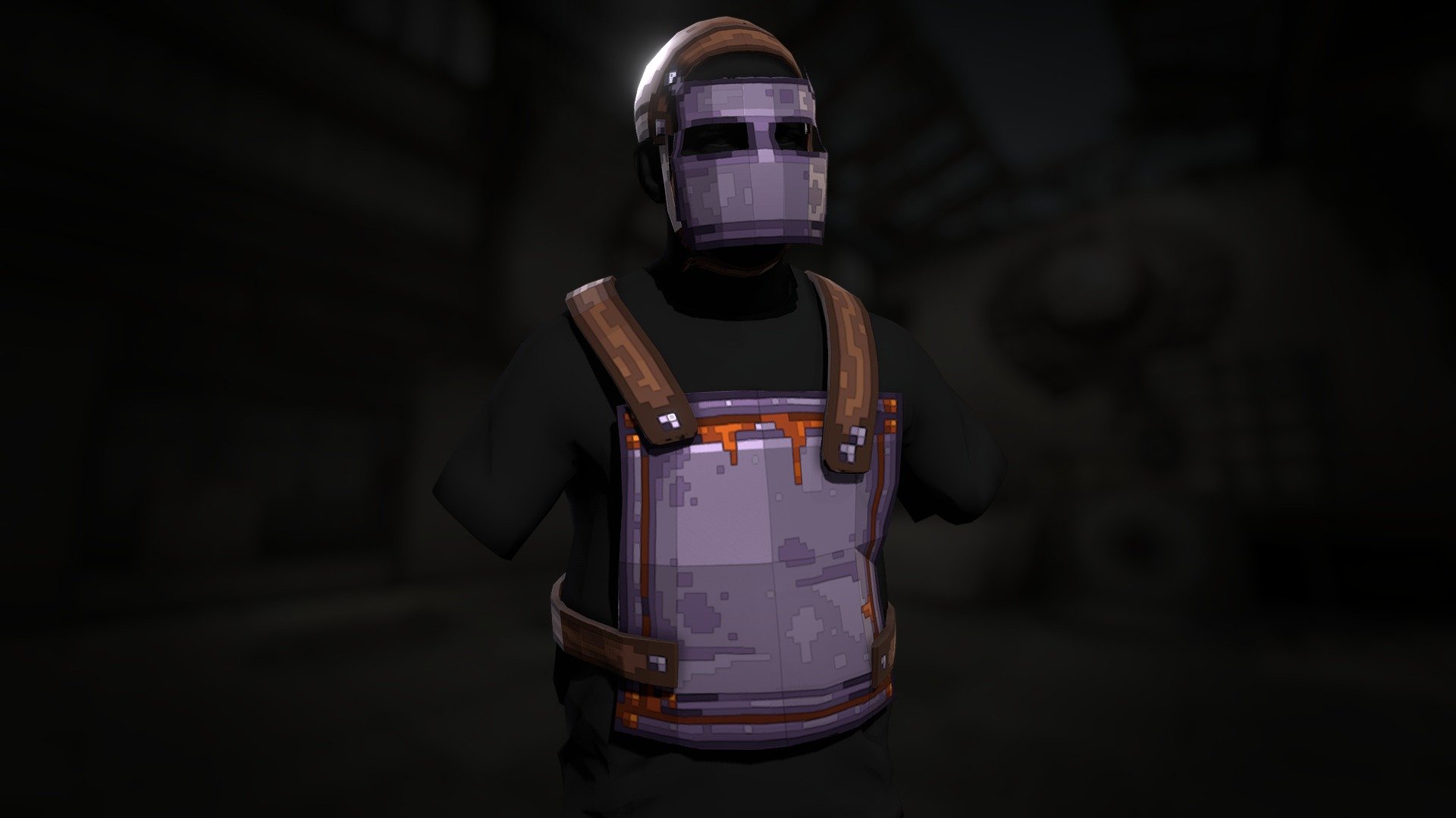 A set of metal armor in Rust, designed to look like it's built out of pixels 3d model
