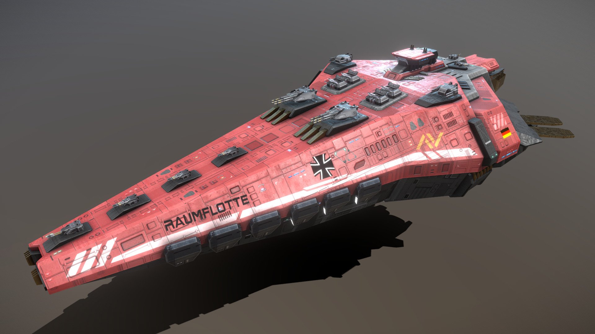 This is a model of a low-poly and game-ready scifi spaceship. 

The weapons are separate meshes and can be animated with a keyframe animation tool. The weapon loadout can be changed too. 

This model has optional maneuvering thrusters for newtonian physics based movement. They do fit on other ships too.

The model comes with several differently colored texture sets. The PSD file with intact layers is included.

Please note: The textures in the Sketchfab viewer have a reduced resolution (2K instead of 4K) to improve Sketchfab loading speed.

If you have purchased this model please make sure to download the “additional file”.  It contains FBX and OBJ meshes, full resolution textures and the source PSDs with intact layers. The meshes are separate and can be animated (e.g. firing animations for gun barrels, rotating turrets, etc) 3d model