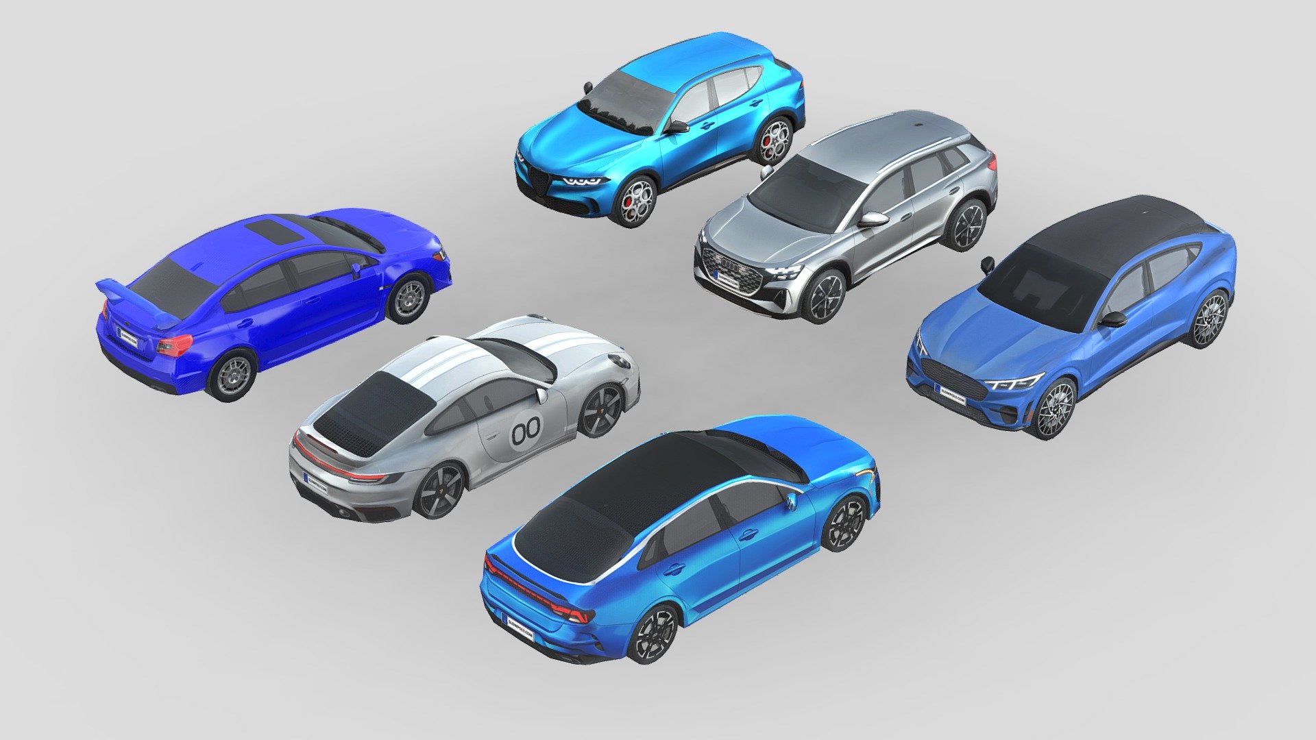 Our best low-poly car collection! Each car in this collection is carefully crafted, offering perfect topology and geometry. This ensures seamless integration into your projects.

With a low-poly concept, all cars deliver a visually stunning experience, complete with amazing details. This is made possible by pre-rendered textures that enhance realism optimally.

What’s included in this collection: - Alfa Romeo Tonale 2023 - Audi Q4 e-tron - Ford Mustang Mach-E GT 2021 -Kia K5 2022 - Porsche 911 Sport Classic 2023 - Subaru Impreza WRX STI 2015

By purchasing this collection, you will get high-quality low-poly assets, a perfect blend of quality and unbeatable affordability! - Low-Poly Car Pack 007 - Sporty Selection - Buy Royalty Free 3D model by slowpoly 3d model