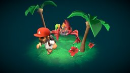 Crab chasing scene chase, crab, island, run, raft, running, character, animation, animated