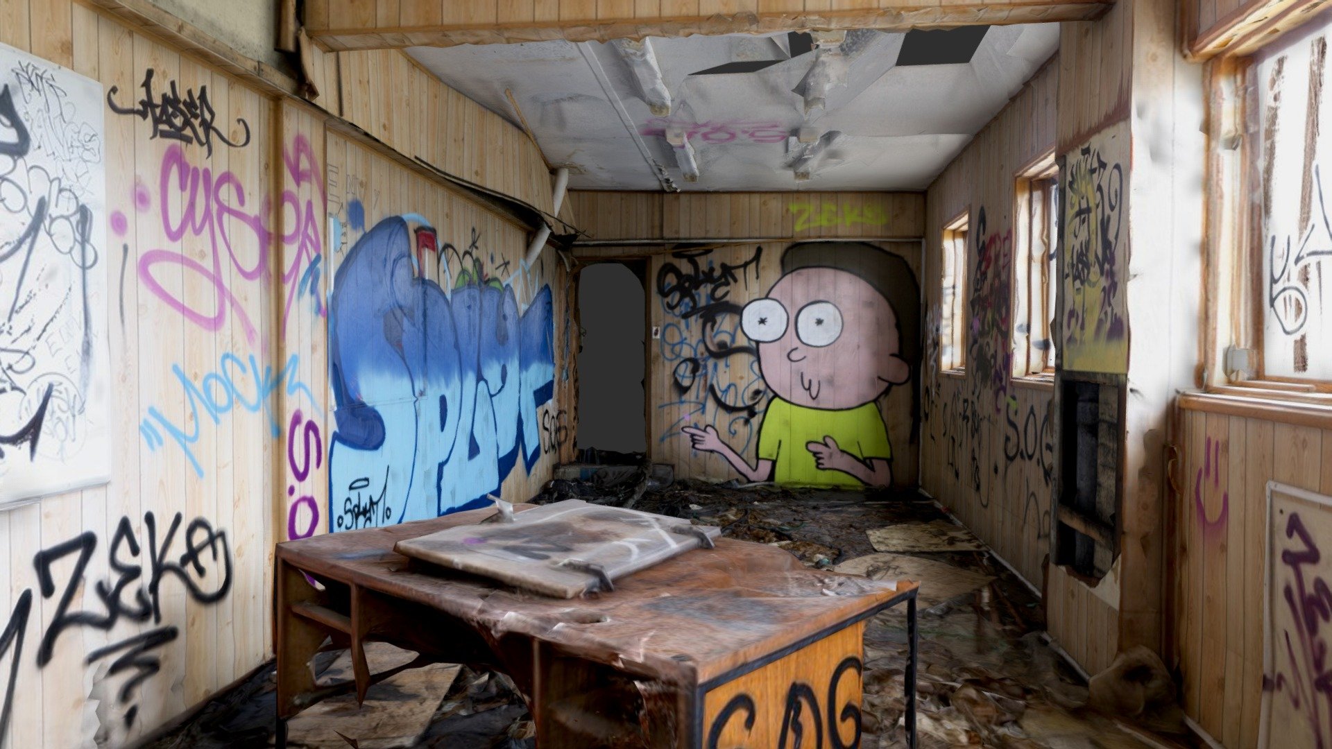 Found in an abandoned factory in Melbourne Australia. The graffiti was all over the facility. It was a dank smelly room and I plan to visit and cover more of the factory 3d model