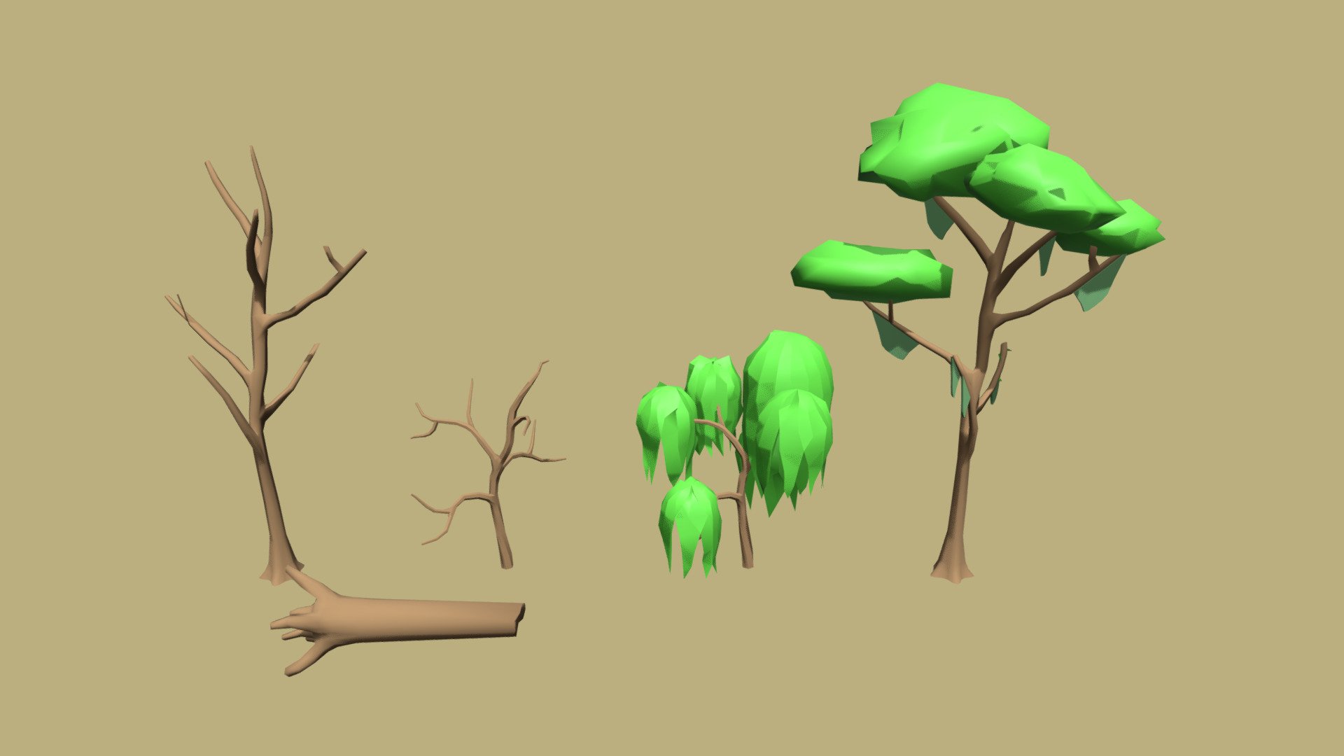 Trees, dead trees and branches for a cartoon swamp or wetlands environment. Cartoon style, material colors only. These models are part of my PolySwamp collection 3d model