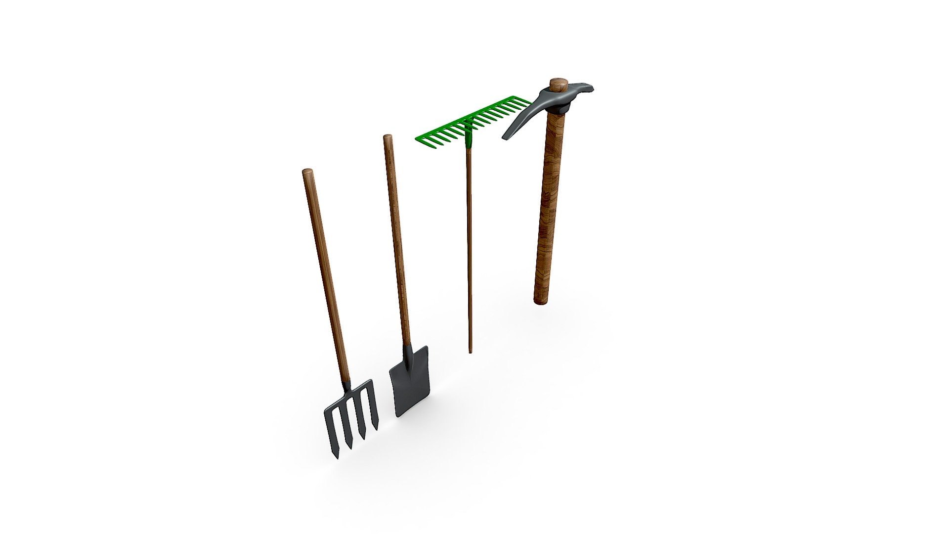Set of Garden tools : 




A spade 

A fork

A pickaxe

A rake

This set will be improved with new tools 3d model