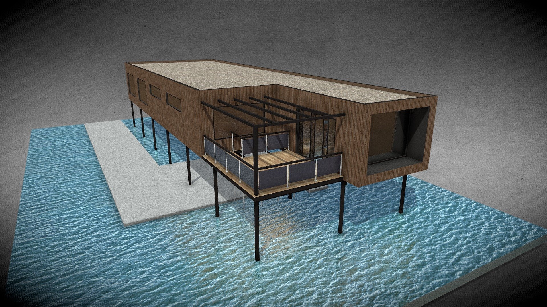 Stilt house

Inspired by https://www.swanbuild.com.au/building-plans/cube-3/

and https://sketchfab.com/3d-models/modular-house-cube-3-by-swanbuild-australia-fc4d35cfe8ee435993e0353dbecae7e0

Created to be integrated in the game &ldquo;CitiesSkylines