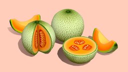 Cartoon Cantaloupe Melons fruit, market, summer, farm, melon, grocery, melons, cantaloupe, handpainted, unity, unity3d, cartoon, lowpoly, mobile, stylized, gameready, fruitstand, fruitslice, slicedfruit, noai