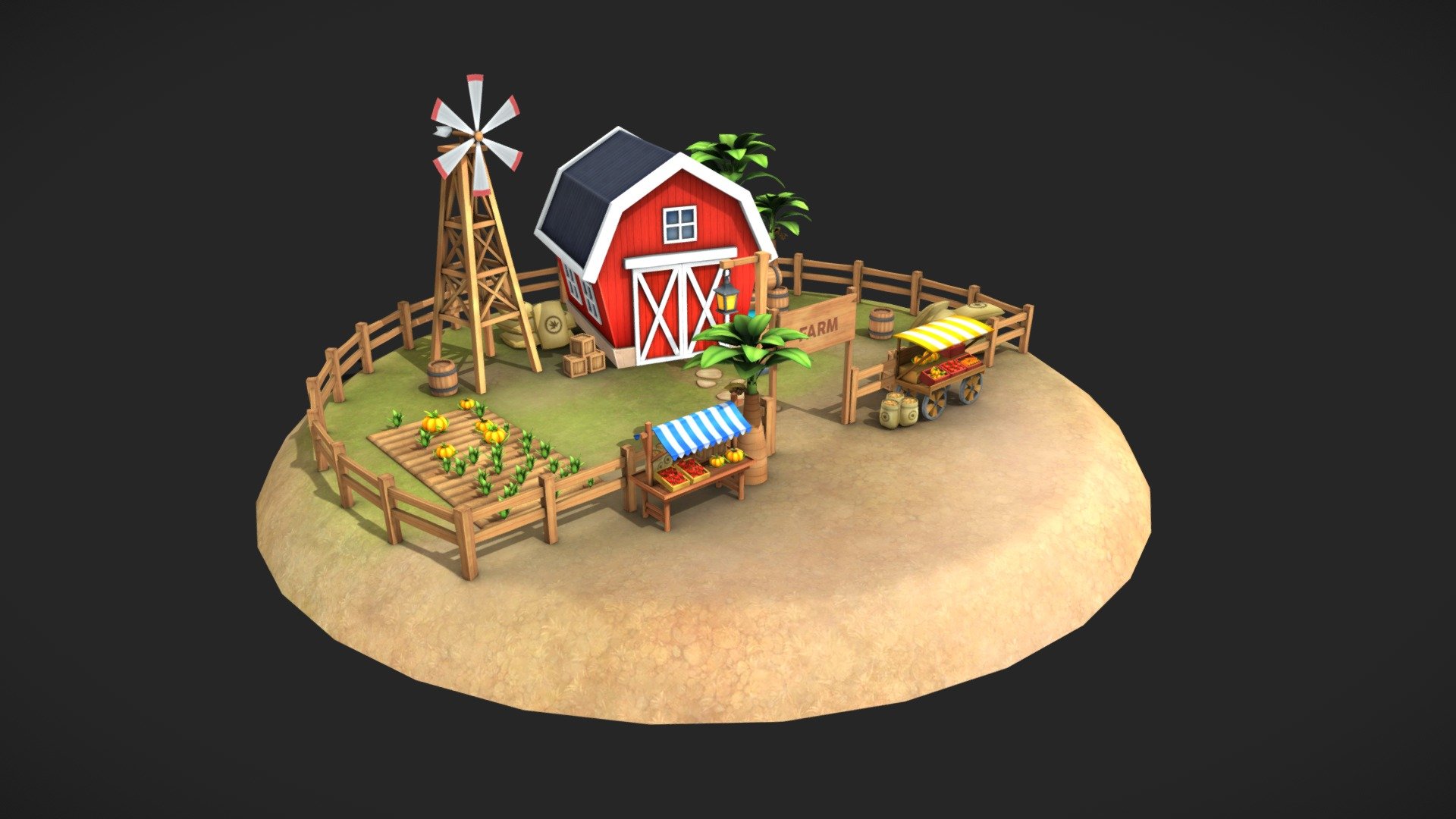 Game Ready, High-Quality Low Poly Models of Toon Farm Environment. Models are built with realistic proportions and correct Geometry.

Features :-



Completely Unwrapped different Farm assets



Consists of 8 High Quality and Detailed Textures along with 8 AO Maps.



All Materials Assigned Properly.



Mill Fan is Animated.



Models proportioned to Real world Size.



Pack Contains :-

MODELS :


Toon Farm : Packed with 20+ amazing different Models.

TEXTURES :


All Textures with 2048 X 2048 Resolution.

POLYGONS COUNT :

Crate: 300, Barrel: 1240, Farm soil: 196, Stones: 700, Sack: 256

Sack Open: 524, Box 1: 140, Box 2: 132, Cart 1: 160

Cart 1 Wheel: 1120, Cart 2: 1078, Water Tub: 124, Board: 520

Fence: 468, Barn: 1554, Tree: 9212, Plant: 1076, Pumpkin: 2924

Carrot: 399, Tomato: 896, Lamp Base: 344, Lamp: 764

Lamp Glow: 8, Mill Base: 620, Fan: 96, Rotator: 68

We would love to hear your rating and comments.

Support email: tgamesassets@gmail.com - Toon Farm Environment - Buy Royalty Free 3D model by TGamesAssets 3d model