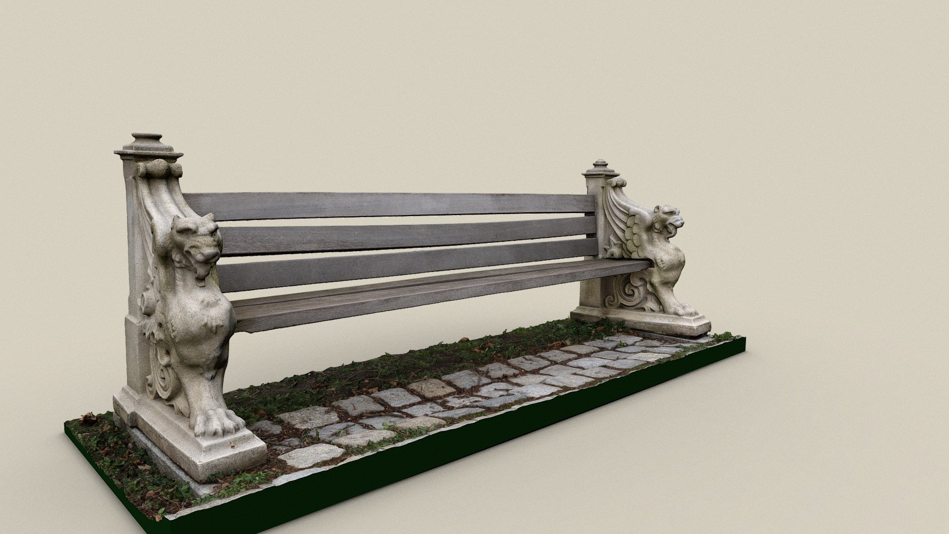 Bench with feet in the shape of two griffins in a Park in Tulln an der Donau 3d model