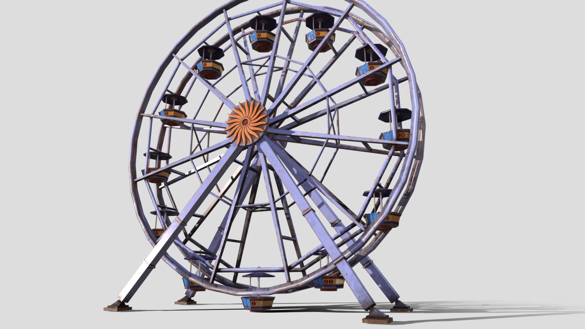 This is a ferris wheel found at a carnival or fair grounds. I will apologize in advance for making each cart have it's own unique texture. I wanted each cart to have it's own number and grunge value. It's annoying to set up I'm sure, which is why I'm making this asset free! 

Also, this is not rigged and set up for animation. It is, however, separated in sections, so you can set this up for animation yourself if you have the gumption to. 

Enjoy! - Ferris Wheel - Download Free 3D model by Glowbox 3D (@ra3id) 3d model
