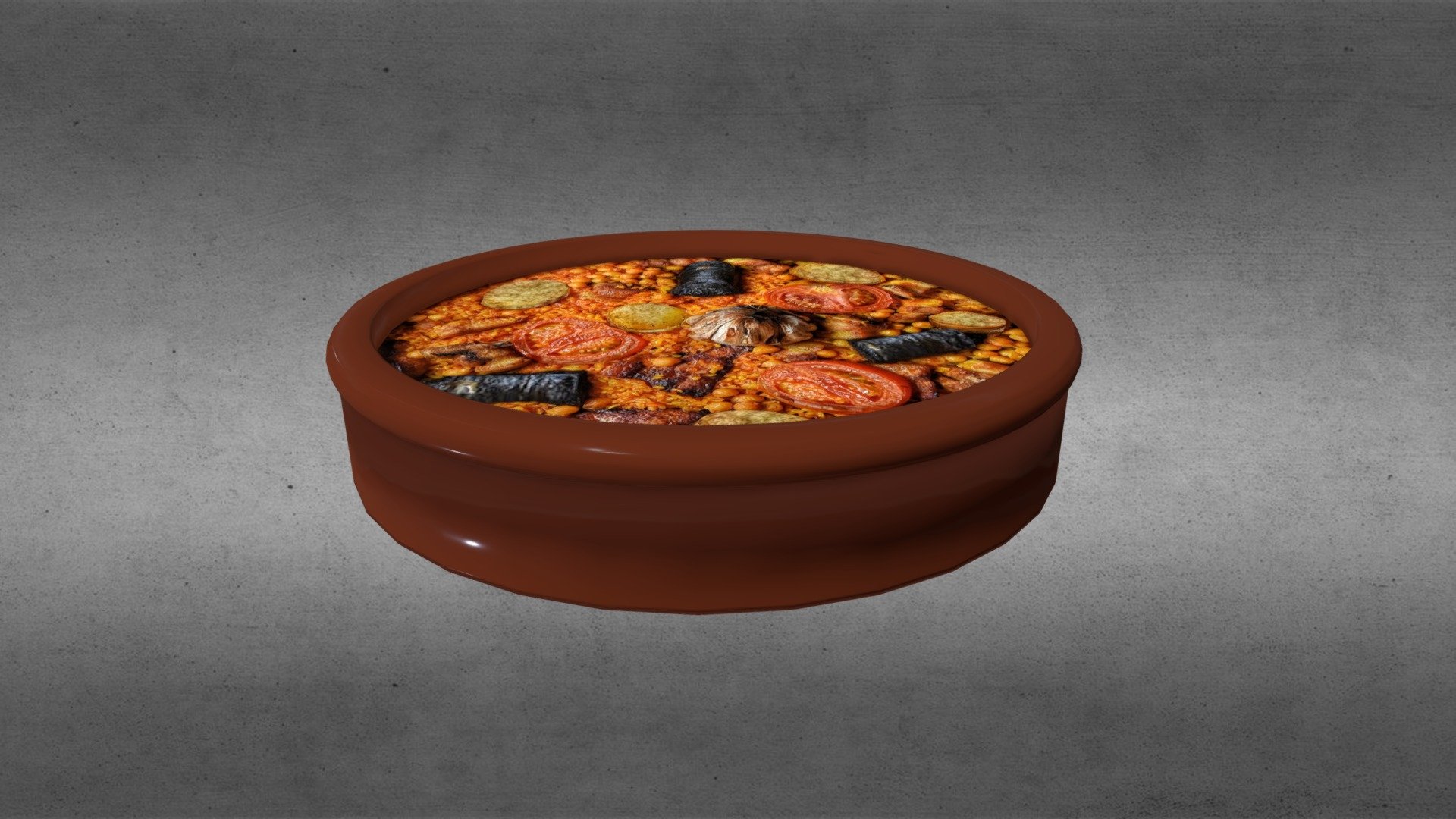 Baked rice (arrs al forn in Valencian) is a typical dish of the Valencian Community. It is made in clay casserole and cooked as the name suggests in the oven. For the container used in some places of the Valencian Community is called cassola (cassuela in Spanish).
Its origin is in the use of the remains of the stew so its main ingredients are chickpeas and the various products from the pig used in itselaboration (chorizo, sausage,meat and balls made with minced meat)along with the obtained broth. Potatoes, tomato and ahead of garlic are also added by crowning the casserole. It is also common to make without using the stew, simply with broth or even water and adding sausages, pork ribs and / or bacon 3d model