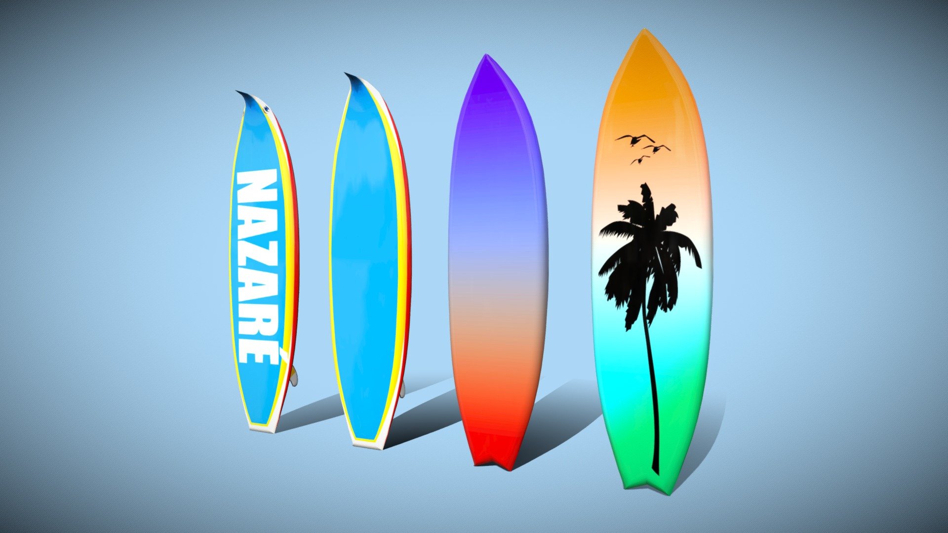 Two different surfboards and 4 different textures. Textures in PBR, only Albedo and AO. Texture size 2048. In additional download more FBX OBJ DAE formats 3d model