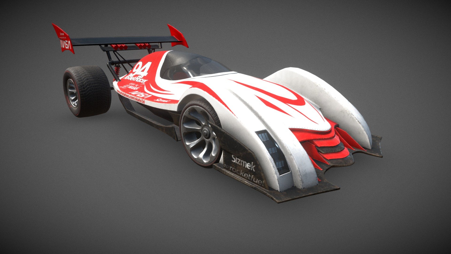Rocket Racer, designed and modelled for my Mechanical Asset project at Teesside University. We were tasked to build a vehicle or weapon that would fit in the Wacky Races universe, my inspirations were F1 and LMP2 racing cars, and rocket/jet engines! - Rocket Racer - 3D model by skate3d 3d model