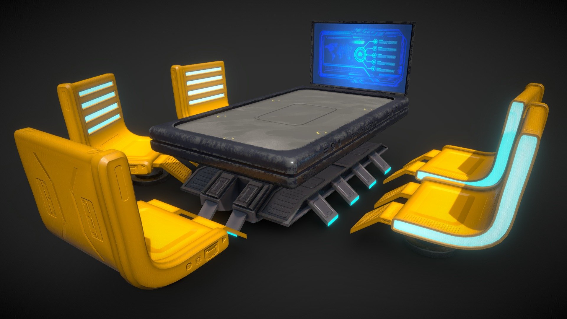 Sci-fi meeting table with chairs. 

Comes with 2 texture sets @4k with PBR texures.  Zip file contains additional 2k texures and a blue version of the chairs and a Packed version for Unreal Engine. 

If you have any requests dont hesitate to reach out! - Sci-Fi style Meeting table with chairs - Buy Royalty Free 3D model by Sousinho 3d model