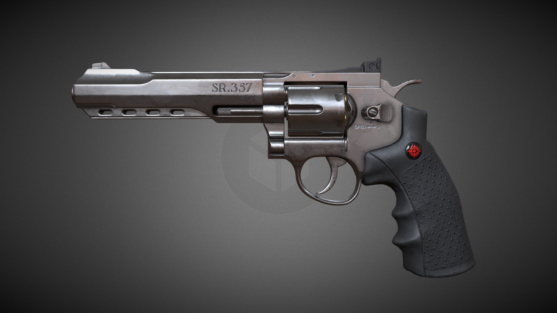 Crossman SR.357 Revolver. Game ready, low poly model.
The mesh is already triangulated so it can be imported to a game engine and avoid any artifacts on the mesh. Additional Obj. and Fbx. file (not triangulated) is also supplied. 
Moving parts like the main cylinder, trigger and Hammer have the pivot in the correct location so its easyer and ready to animate.

1x Material set: Revolver 4k =4096x4096

Textures included for Unity, CryEngine, Unreal and 1x set Standard PBR (Metal/Roughness) workflow.

More renders on my Artstation here: https://www.artstation.com/artwork/B3JLLz

Social media and Contact:

Artstation: https://www.artstation.com/brunogf13 - Crossman SR.357 Revolver - Buy Royalty Free 3D model by artbyBruno (@Bruno.Fonseca1) 3d model