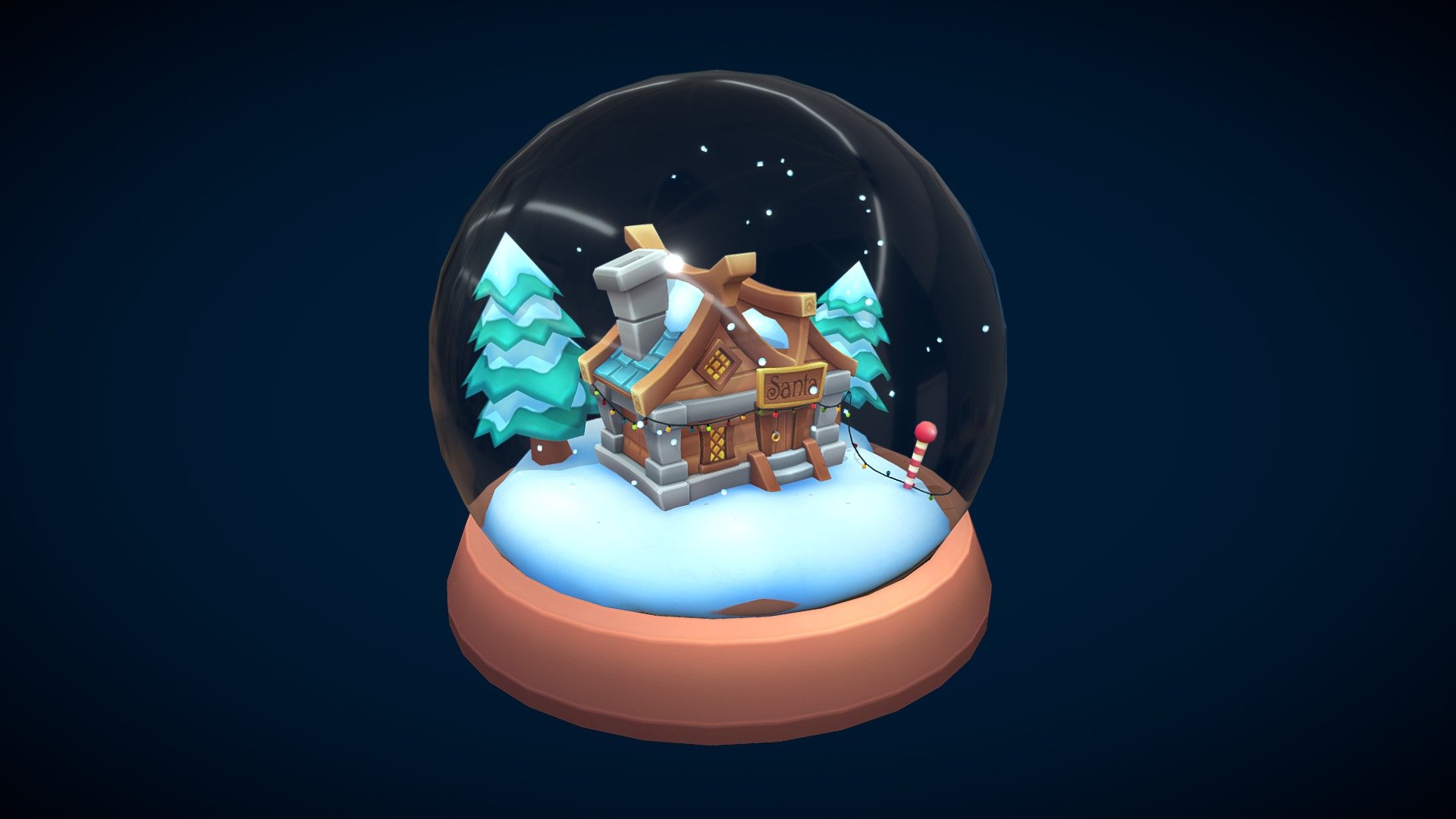 Cosy Fantasy style Santa Claus house at North pole in a crystal glass ball.

Mobile ready.

Asset contains separate meshes that, if needed, can be manually removed/hidden from scene:
House 3364 triangles
Base (glassball base, snow, trees, northpole) 1004 triangles
Glassball 672 triangles
Snowflakes 306 triangles
Wire with animated bulbs 3104

Animation: 30fps (420 frames loop, snowflakes animated with joints, bulbs with visibility on/off) 

Textures: 2 handpainted textures (house and base) 2048x2048 + 1 snowflake texture 512x512

Feel free to contact us if You need to complete tasks on 3D modeling or animation. Also visit us to find more and to request estimates on www.yeyostudio.com - Christmas Santa House Glass Ball - Animated loop - Buy Royalty Free 3D model by Yeyo Studio (@yeyostudio) 3d model