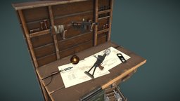 Weapons Showcase [Project Midair] scene, steampunk, indie, german, tools, rocketlauncher, rocket, dieselpunk, game-ready, workbench, game-asset, drawings, toolkit, low-poly, lowpoly, gameasset, stylized, workshop, smg, gameready, smg-submachine-gun