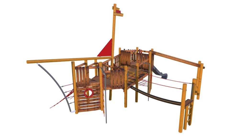 The grand design of this ship would be excellent as a standalone showcase unit or installed alongside other outdoor play equipment. With multiple climbing nets, balancing rope, a slide and sand play elements and both a top and bottom deck to create a real ship wreck experience for children in any outdoor playground 3d model