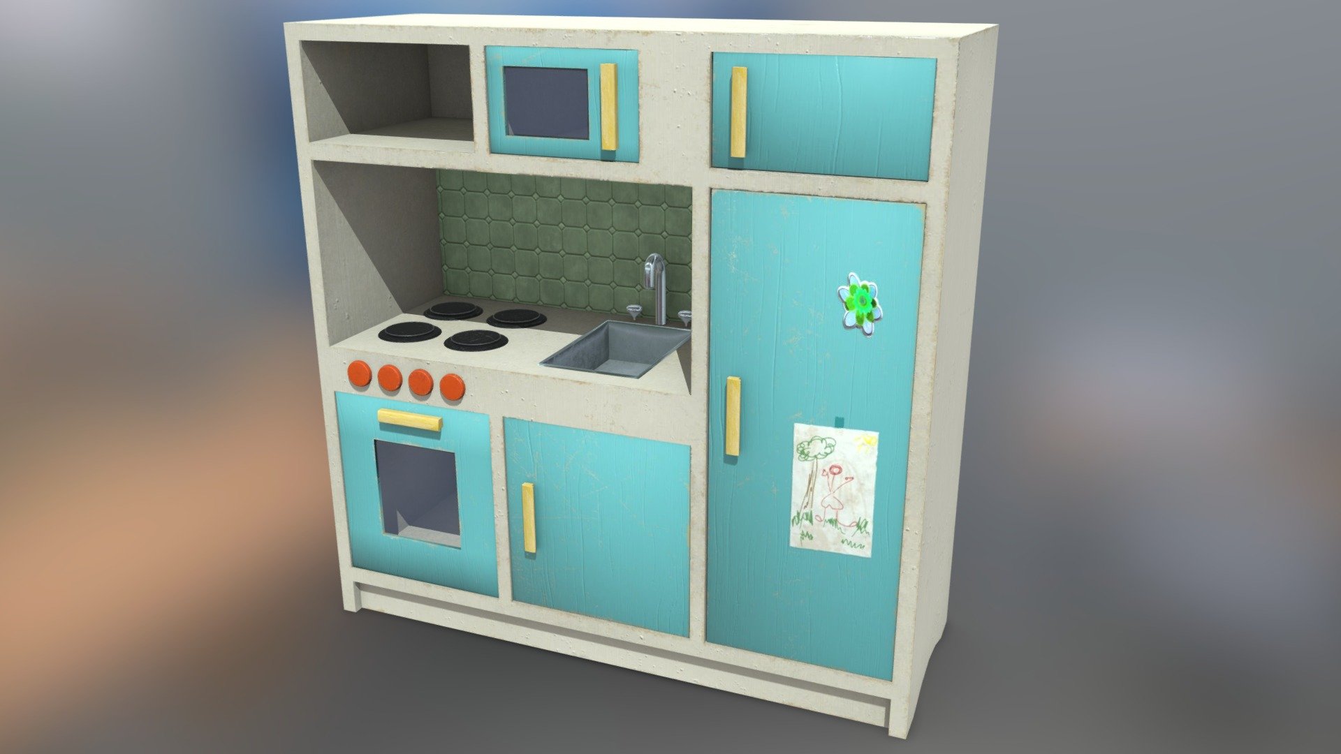 This Toy-Kitchen was loved by many children and is (even after many years) in a quite goode condition.

Used wooden Toy-Kitchen with a fridge, a oven, a sink, a stove and a lot of storage space for Toys.



LowPoly
4K Textures (4096x4096)

.fbx-Object
.jpg-Textures



made with:
3DsMax
SubstancePainter
Photoshop - Used Children's Kitchen - Buy Royalty Free 3D model by MDSDesign 3d model