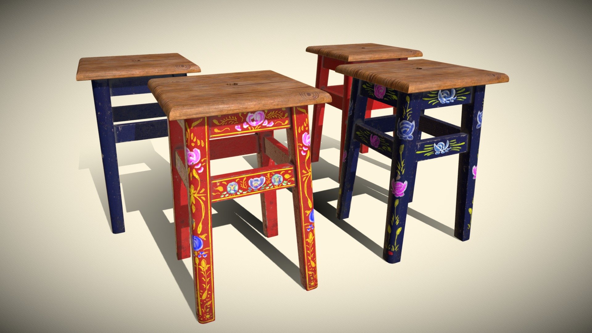 Wooden benches with 4 different skins, two are hand painted. Textures in PBR size 1024. In additional download more FBX OBJ DAE formats 3d model