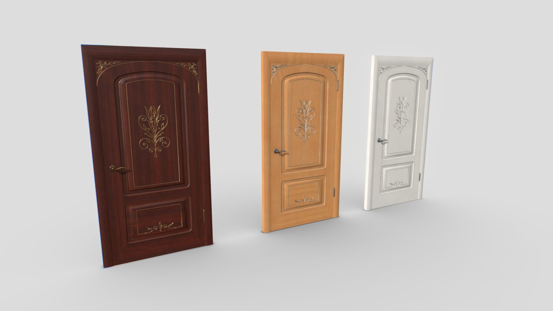 Pack of classic doors. Real scale but scale as you needs. 1 material and 3 sets of textures for a total of 3 different doors.

Each door comes with frame, door and 2 handles in case they need to be animated.

Comes with 4096x PBR textures including Albedo, Normal, Metalness, Roughness and AO. ARM mask texture included (ao, rough, metal) and also unity HDRP mask.

Total tris 40000. 20000 verts.

Suitable for halls, palaces, offices, etc. 3d model