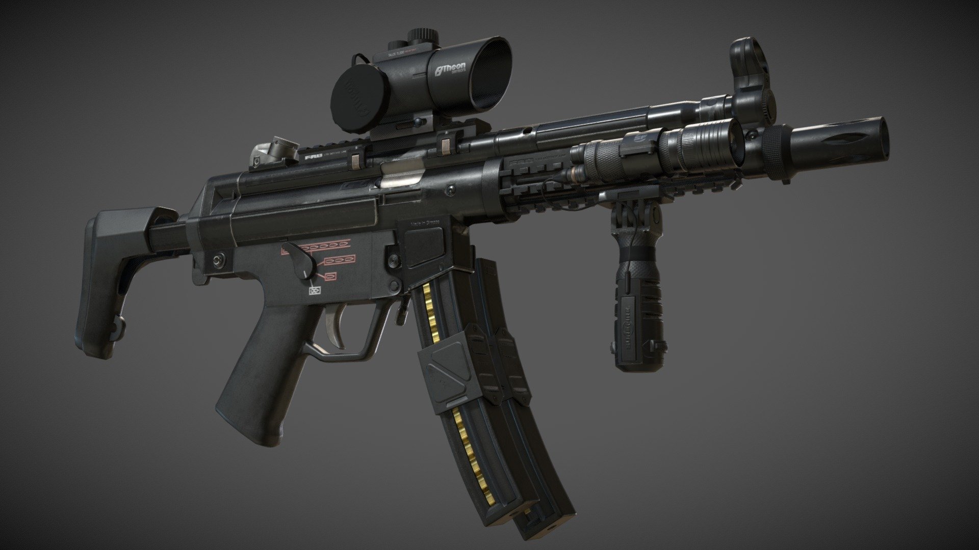 This my version of the famous H&amp;K MP5 submachine gun. Made for modern FPS games, this is the fully accessorized version. The gun is accurately modeled in its real size, parts that are useable/animateable are separeted with proper pivot/rotation points, and all the major components can be disassembled to provide for further in-game customization. Hi-res images and more in my Artstation page: https://www.artstation.com/artwork/BmDGVD - H&K MP5(A3) Fully Accessorized - Buy Royalty Free 3D model by Spyros Frigas (@Spyros_F) 3d model