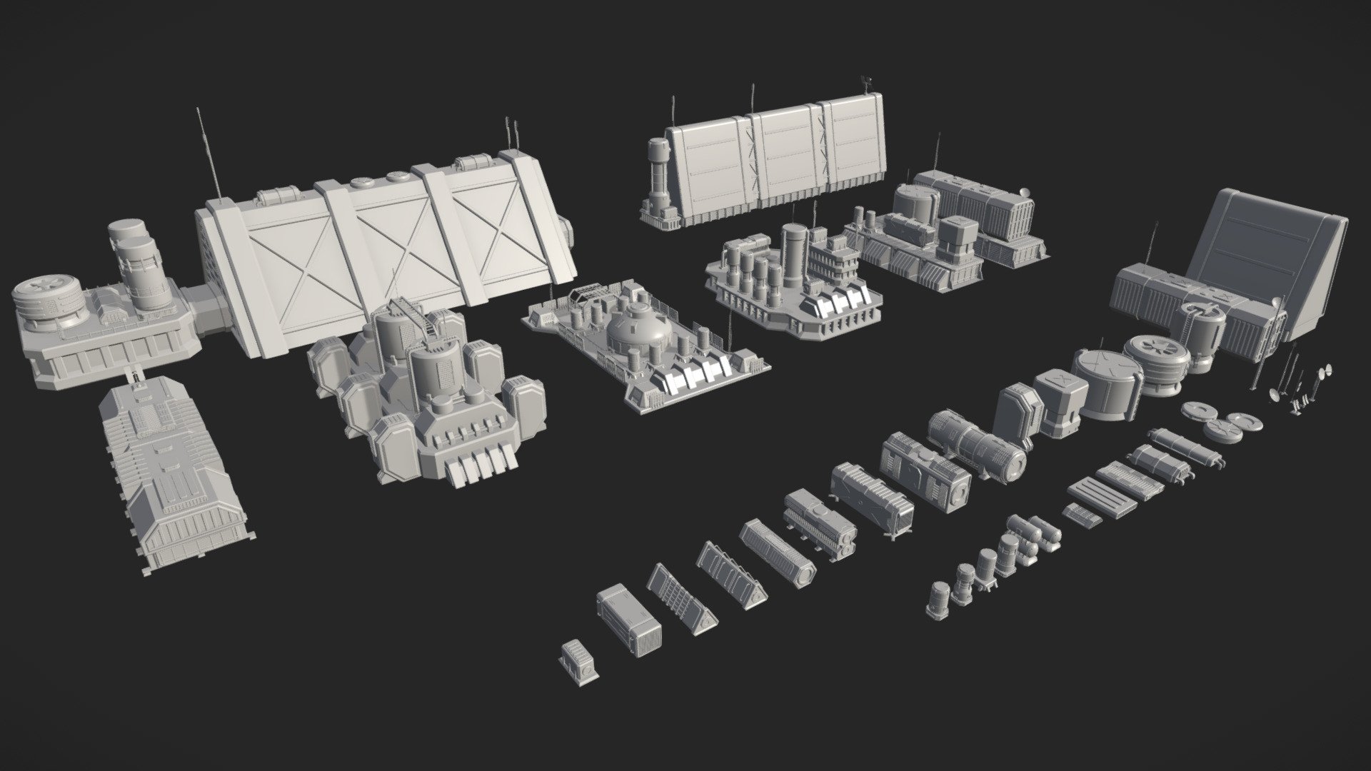 Various industrial sci fi objects (44 meshes)

relatively low poly

Models are not up to scale or precise

Polys: 134017

Vertices: 176325

clean geometry: polygons only

render setup not included in the file

materials : basic

uw mapped: NO

uw unwarped: NO

zip file (max2017, OBJ, blender, FBX) - sci fi industrial objects 2 - Buy Royalty Free 3D model by cikameja 3d model