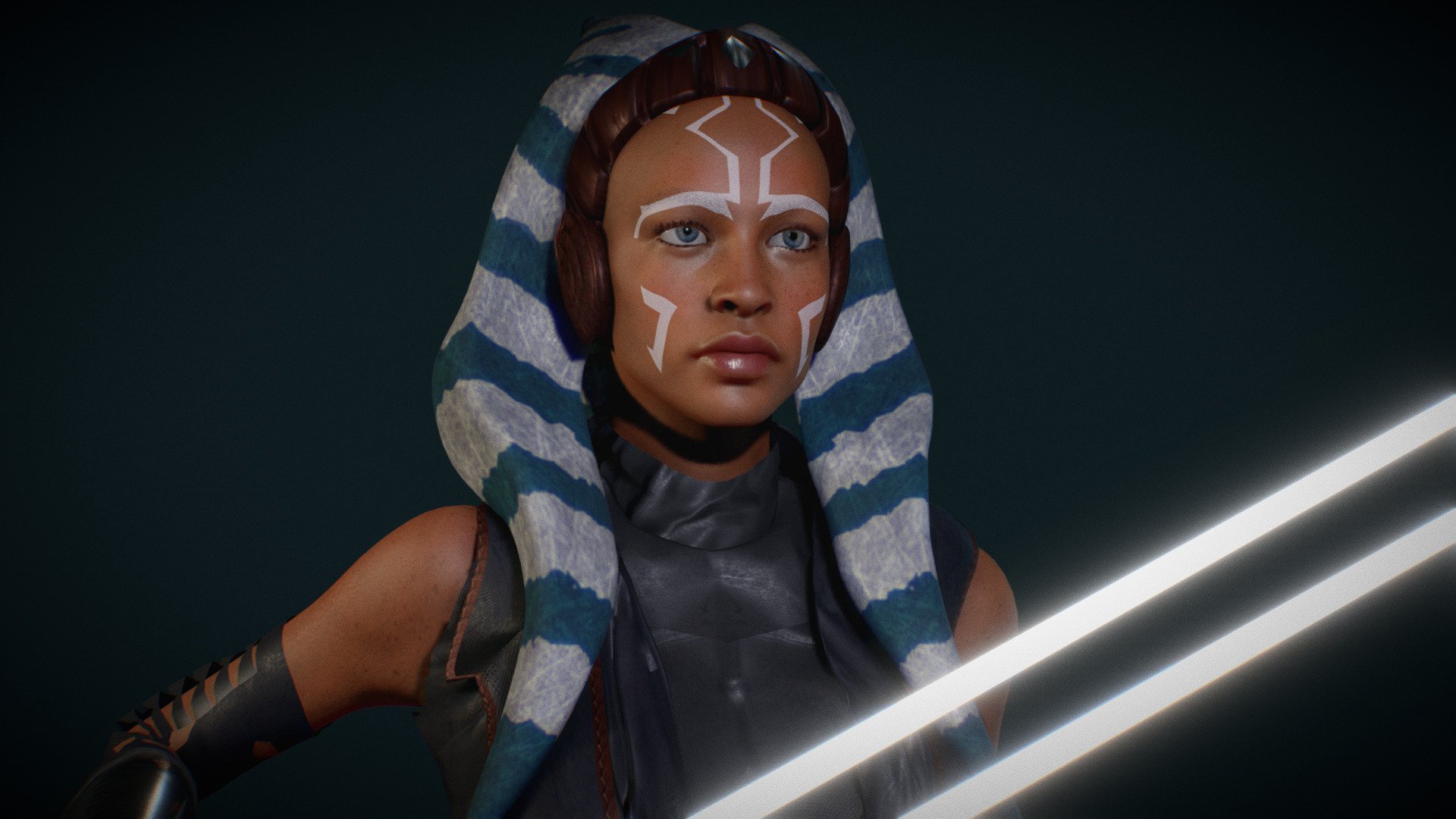 Ahsoka from the StarWars series film female model. mixamo bone names for animations. sss subsurface scattering. body fully rigged.  basic face rig. model in blender file. Basic animation 3d model