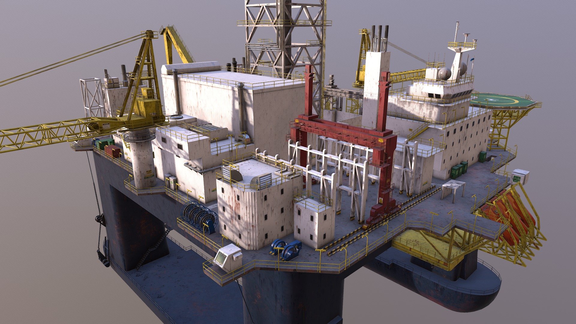 an updated version of my old oil rig model.
best part of a week unwrapping the UVWs, then 3-4 days texturing in Substance Painter.

I had to downsample the textures to 2k as there's 15 sets

U can find this model for sale on Turbosquid by searching for 1290748 (sorry, that's the closest I can get to giving a link without breaking sketchfab's ToS)

https://www.artstation.com/artwork/KlBPo - Oil Rig V2 - 3D model by 3dsam79 3d model