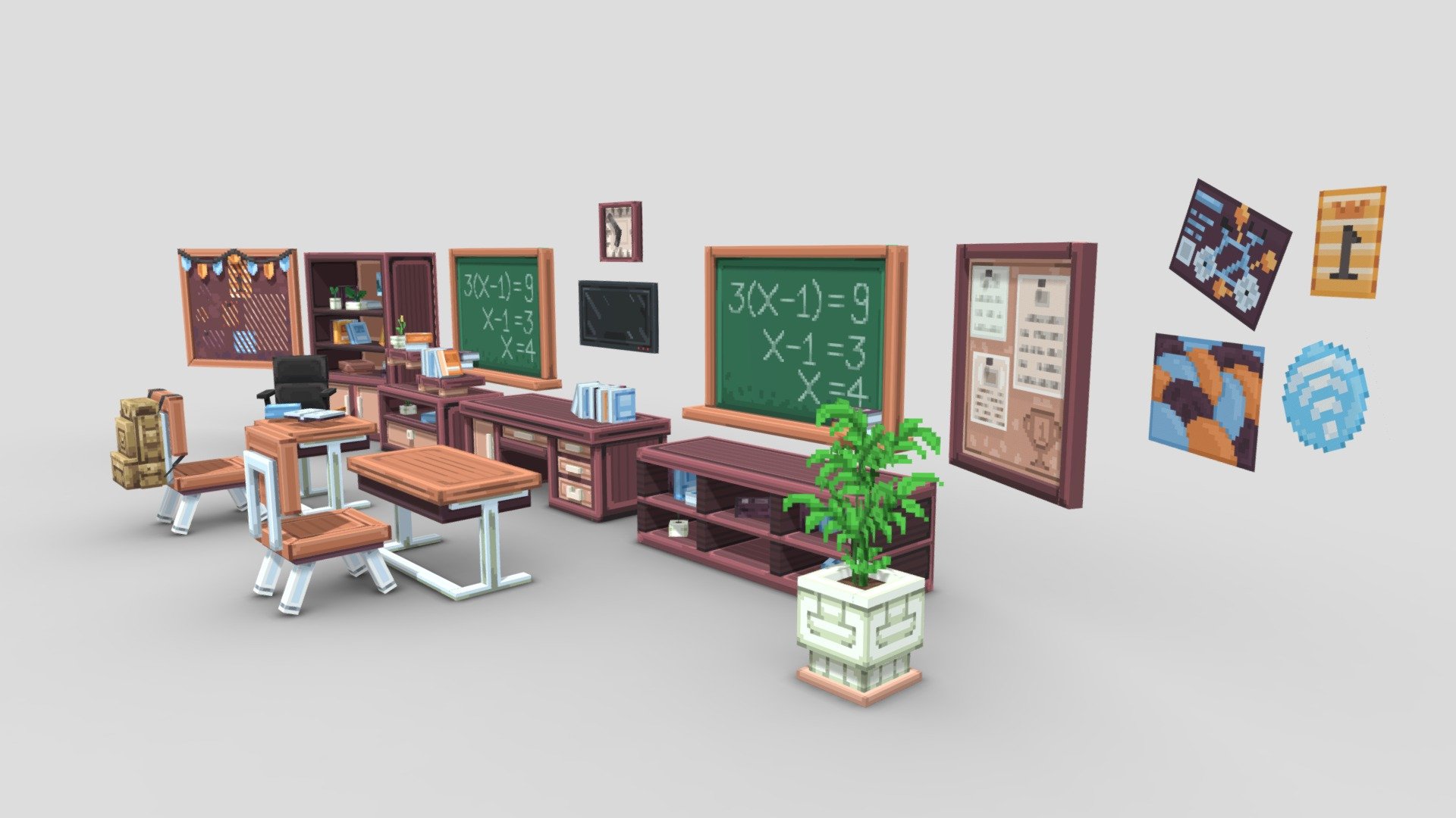 School Classroom Furniture Pack, Includes 20 Models:




Boards *4

Chair *3

Clock

Cupboard

Cupboard Shelf

Cupboard Table

Decoration Book

Decoration Book Pen

Picture

Plant Pot

Shelf With Book

Table

Long Table

Teacher Table

Class Television
 - School Classroom Furniture Pack - Buy Royalty Free 3D model by EliteCreatures 3d model