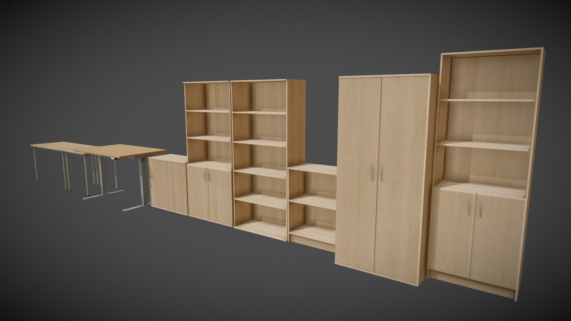 Various game-ready office shelves, closets, cabinets and tables.
Contains PBR textures, as well as Unity mask texture (RGBA -&gt; Metalness, AO, Roughness, Smoothness) and uses 1 material.

Modeled in Blender, textured in Substance Painter 3d model