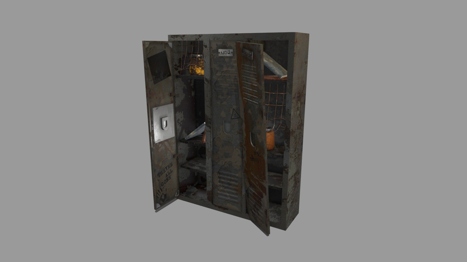 Modelling in Blender

Painting in SubstancePainter (Texture: Chipped Off Paint Steel)
 - School Cabinet (Damaged) - Download Free 3D model by gozdemrl 3d model