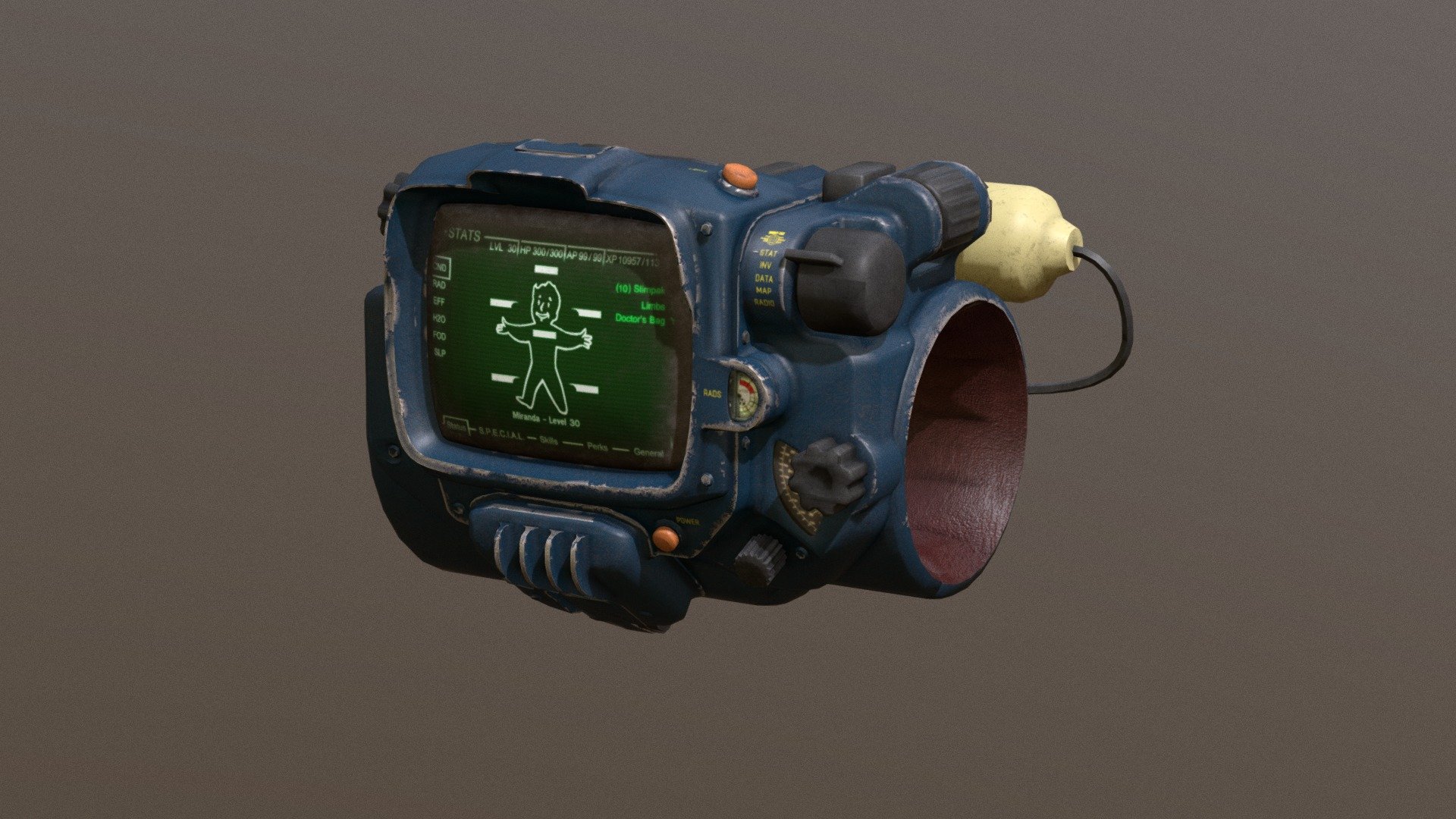 Pip-Boy 3000 Mark IV Vault-Tec corp.
Game ready model for unreal, unity engine. For scenes, videos, games.
4k PBR  textures in substance painter. Albedo, Metalic + rougness, Normal map. 
gizmos ready. You need somting ? PM me =) - Pip-Boy 3000 Mark IV Vault-Tec corp 3d model